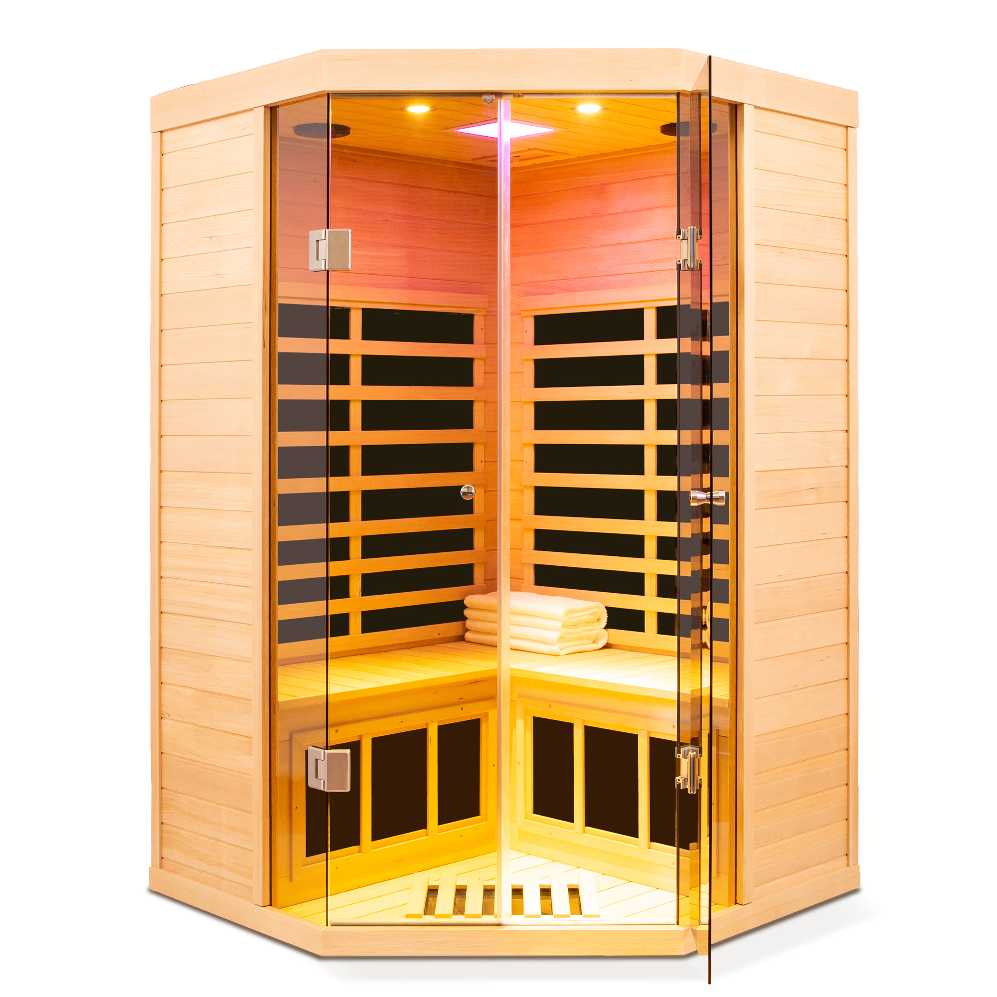 2-Person Corner Sauna Room Far Infrared Hemlock Sauna with Double Door