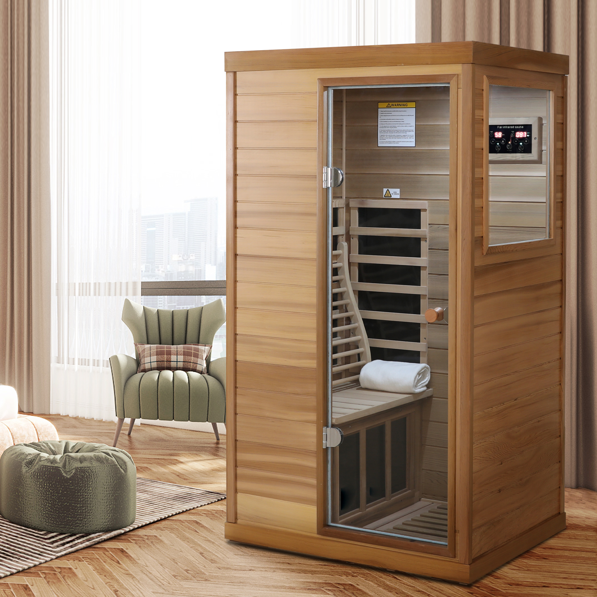 Mini 1-Person Far Infrared Red Cedar Sauna with LCD Control & Bluetooth