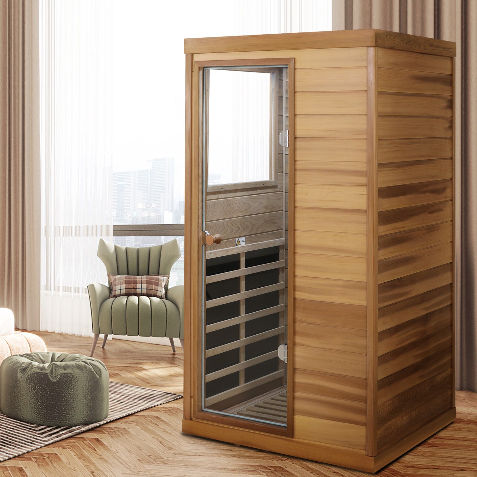 Mini 1-Person Far Infrared Red Cedar Sauna with LCD Control & Bluetooth