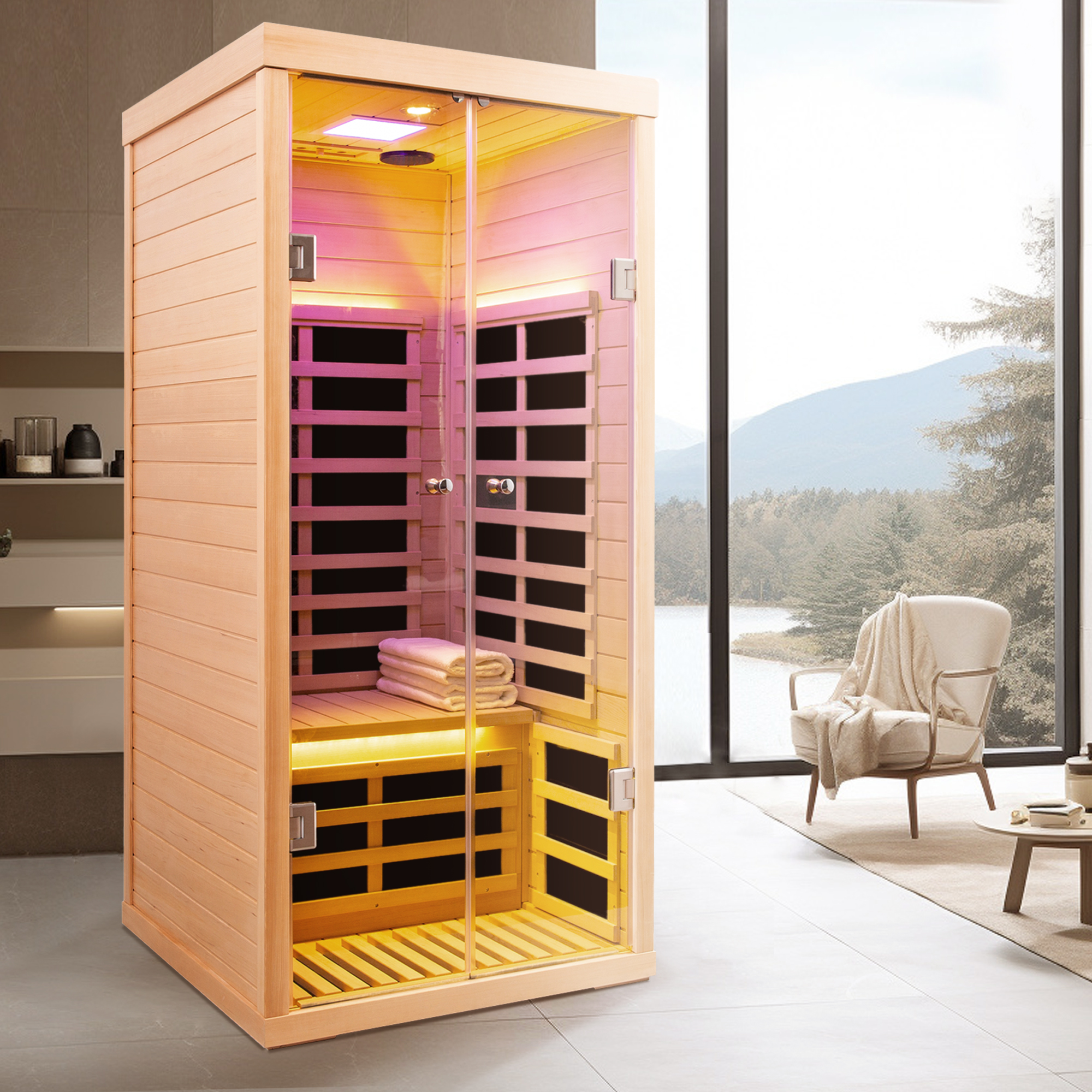 Low EMF 1-Person Far Infrared Hemlock Sauna with Double Glass Doors