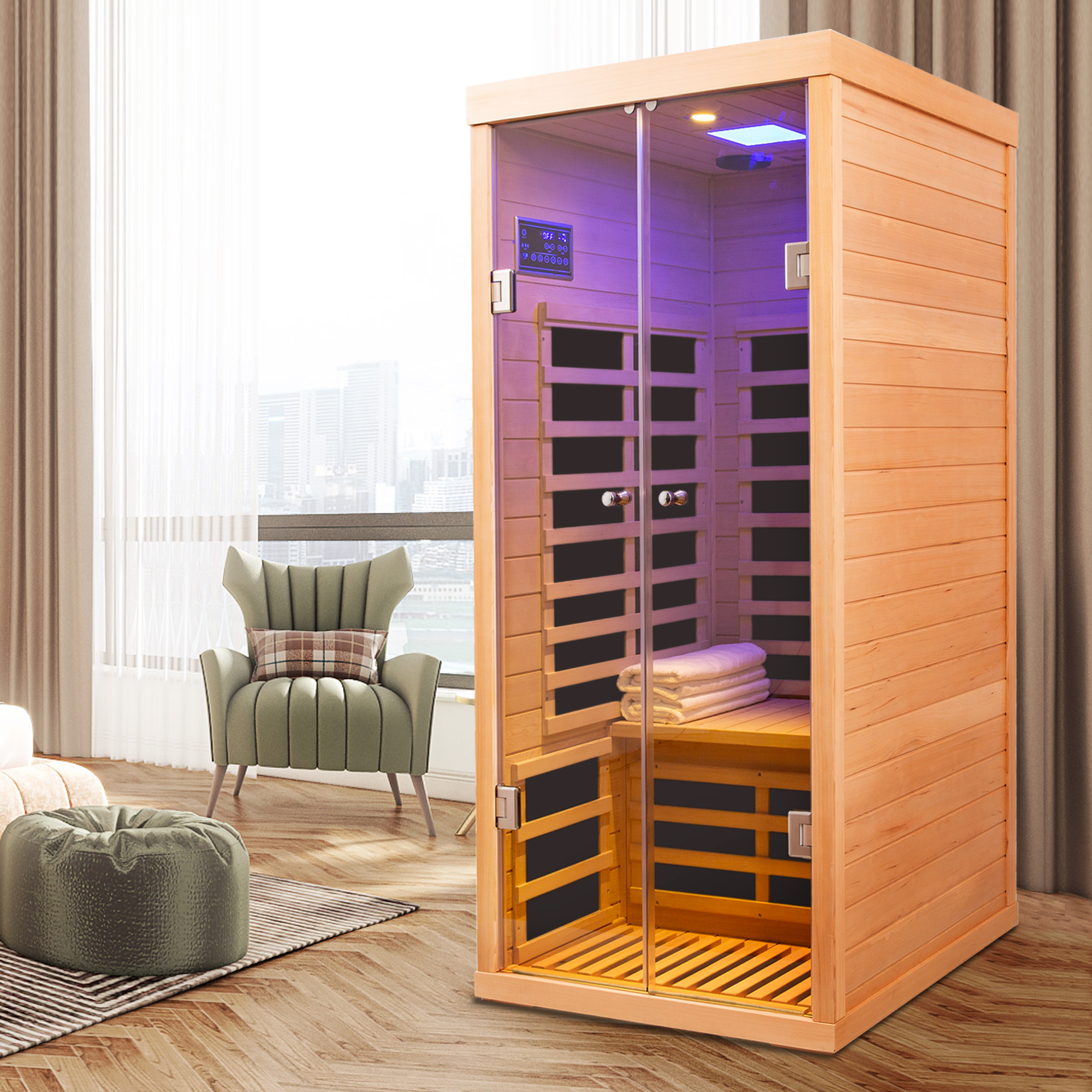 Low EMF 1-Person Far Infrared Hemlock Sauna with Double Glass Doors