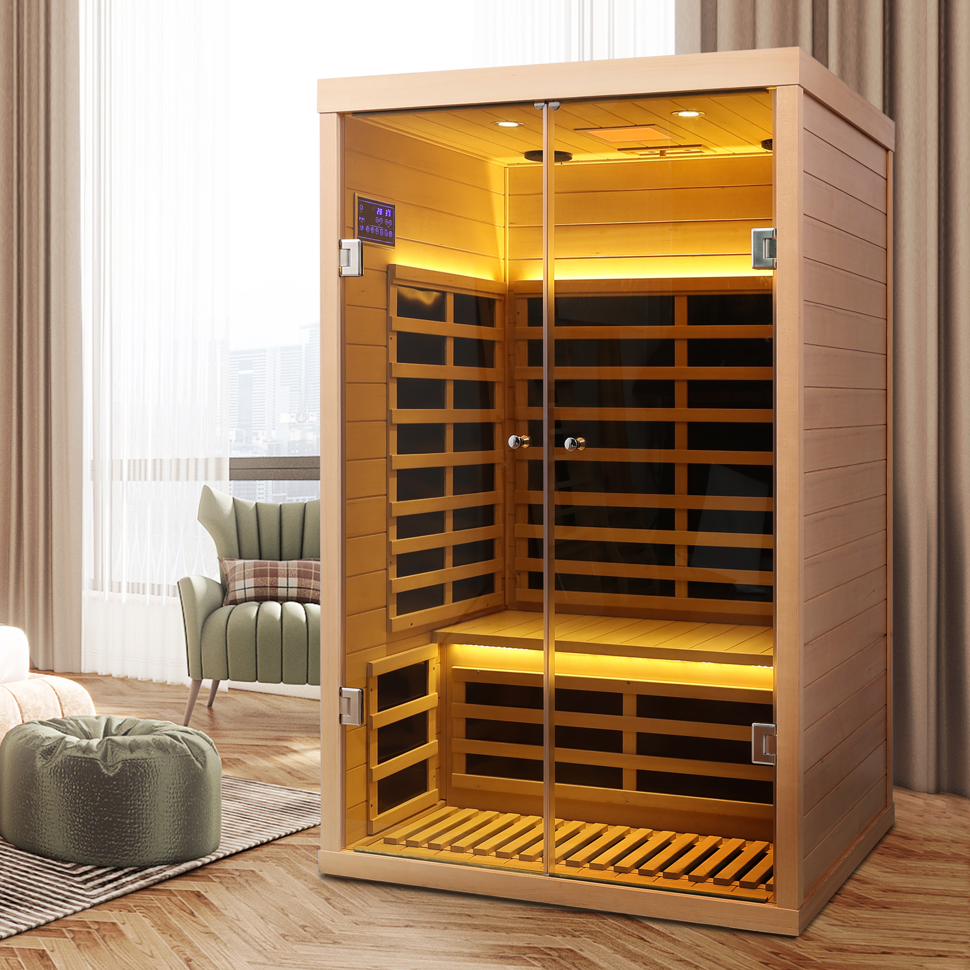 Low EMF 2-Person Far Infrared Hemlock Sauna Room with Double Glass Doors