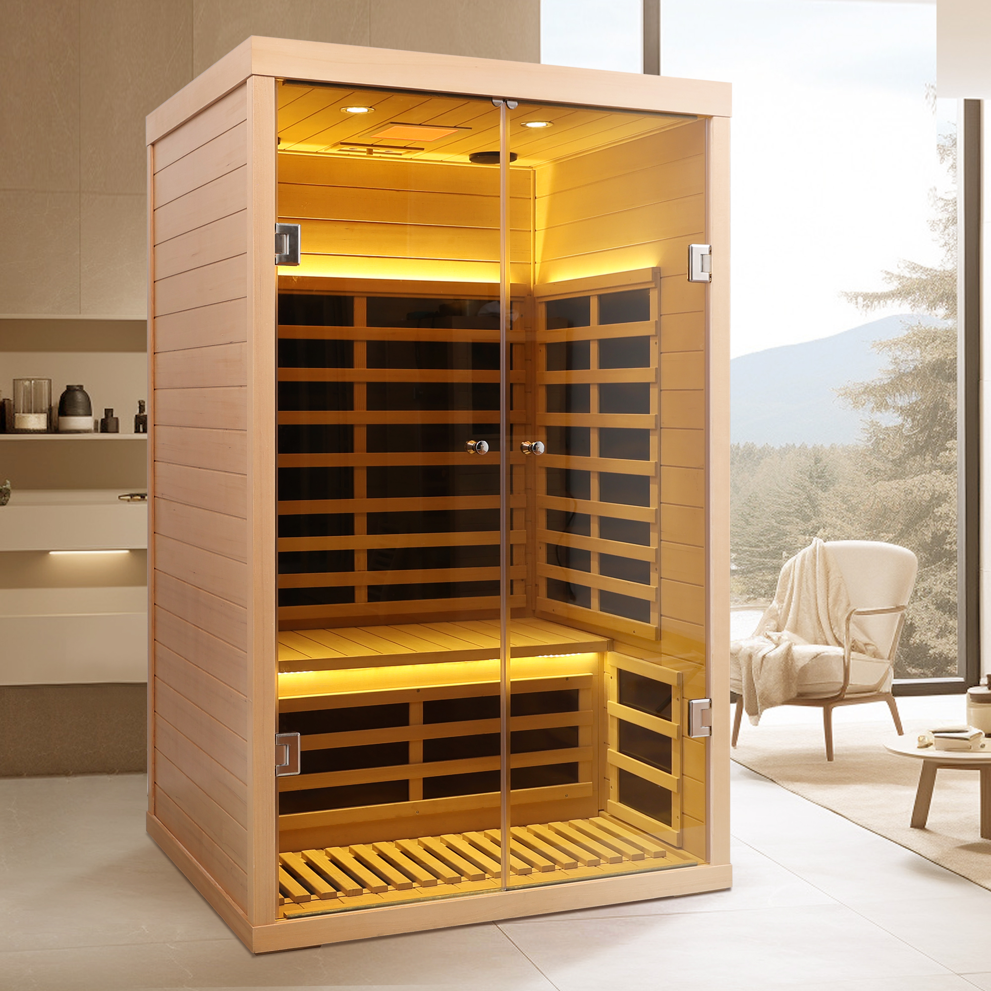 Low EMF 2-Person Far Infrared Hemlock Sauna Room with Double Glass Doors