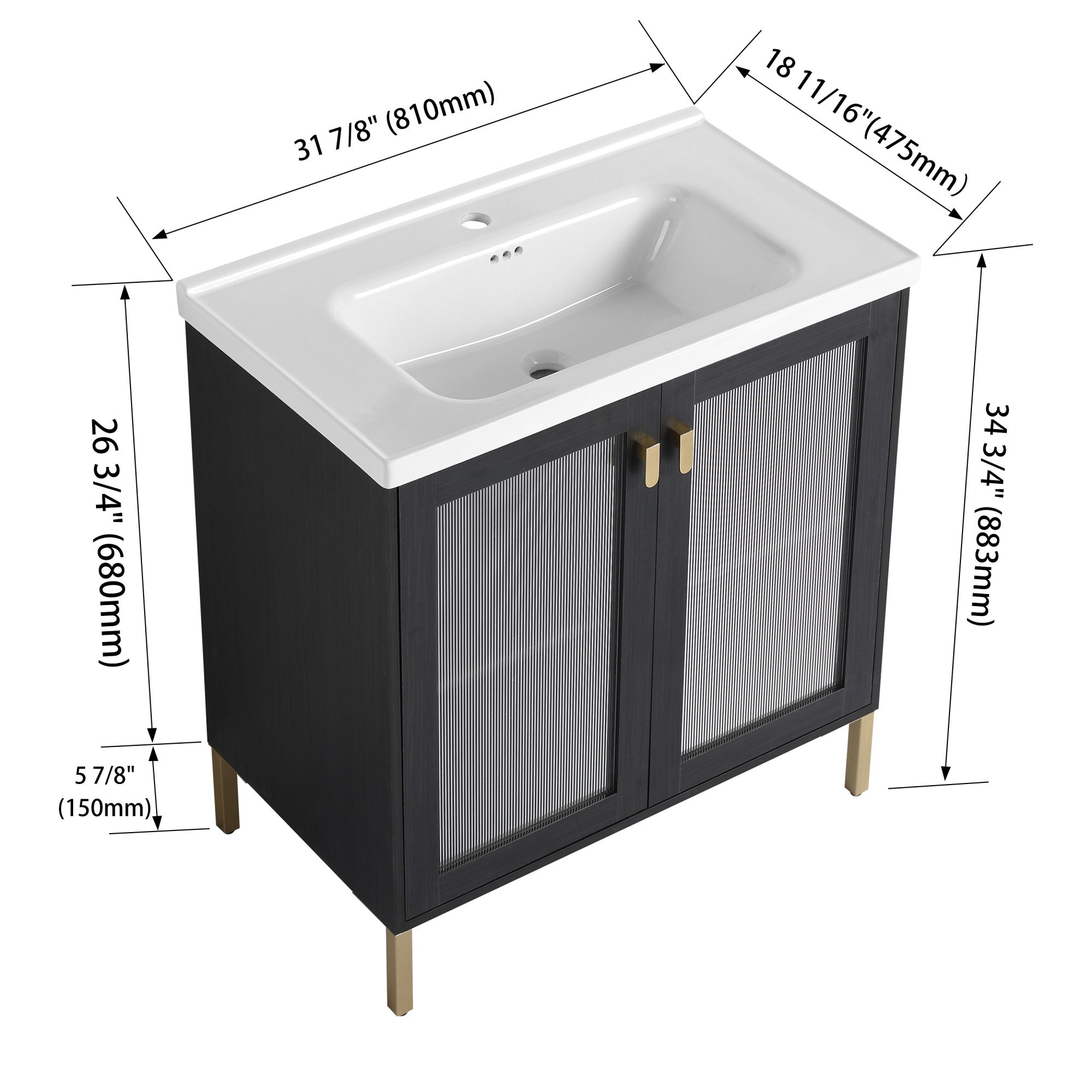 CASAINC 32-in Black Chestnut Undermount Single Sink Bathroom Vanity with White Ceramic Top | CA-GL139424, image size:2000x2000