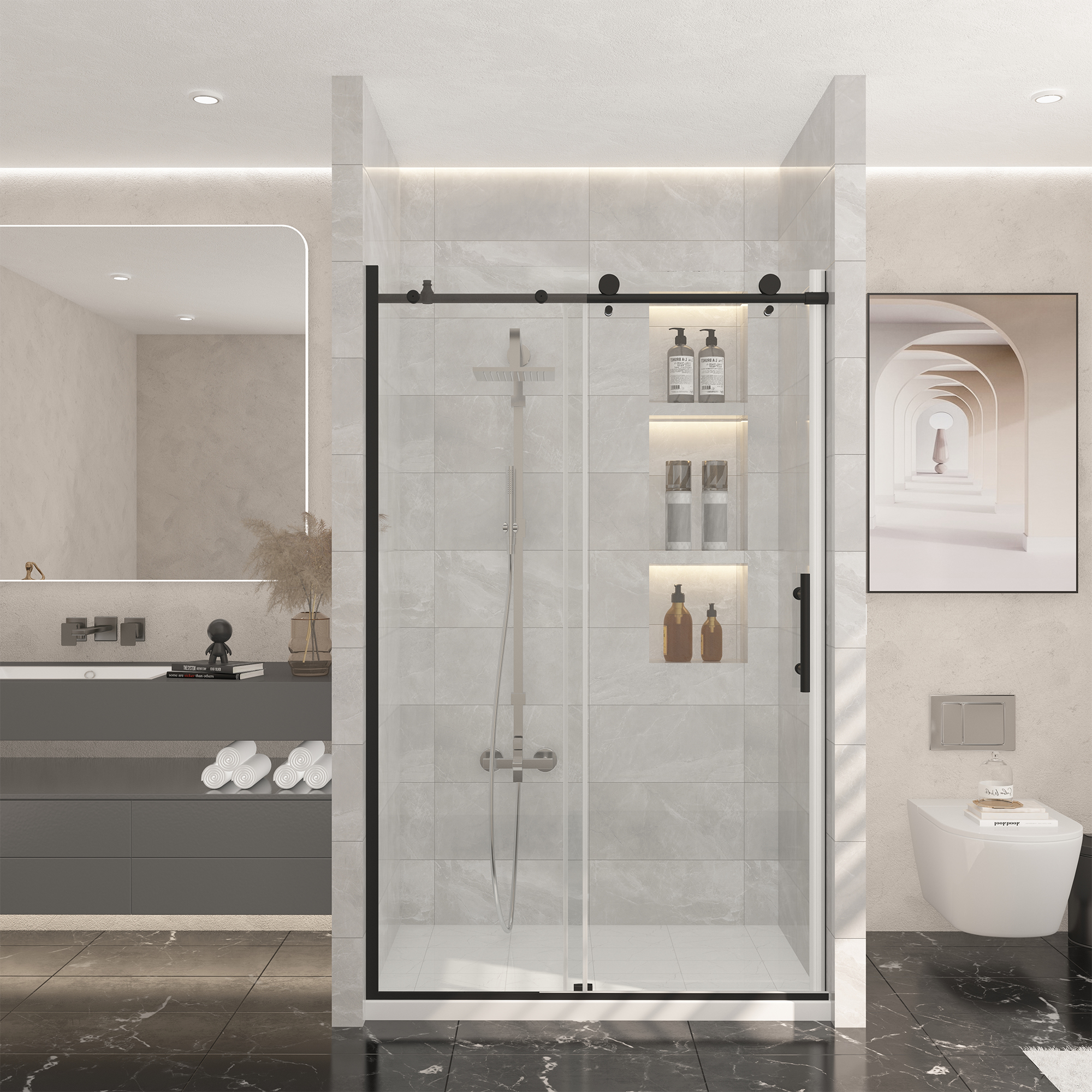 48 in. W x 76 in. H Single Sliding Frameless Shower Door in Matte Black Finish with Clear Glass, Reversible Installation