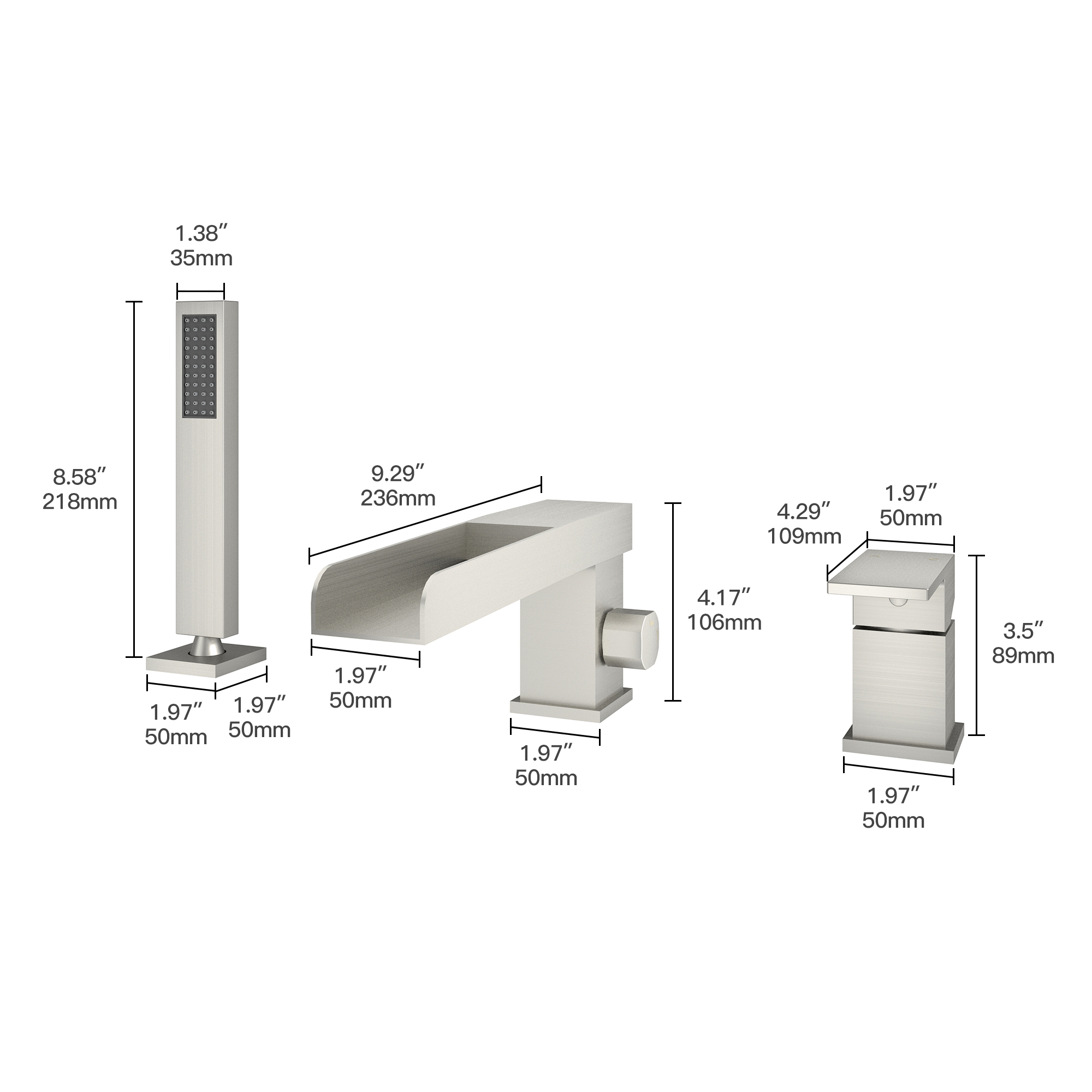 Single-Handle 3 Holes Waterfall Bathtub Filler Faucet with Hand Shower