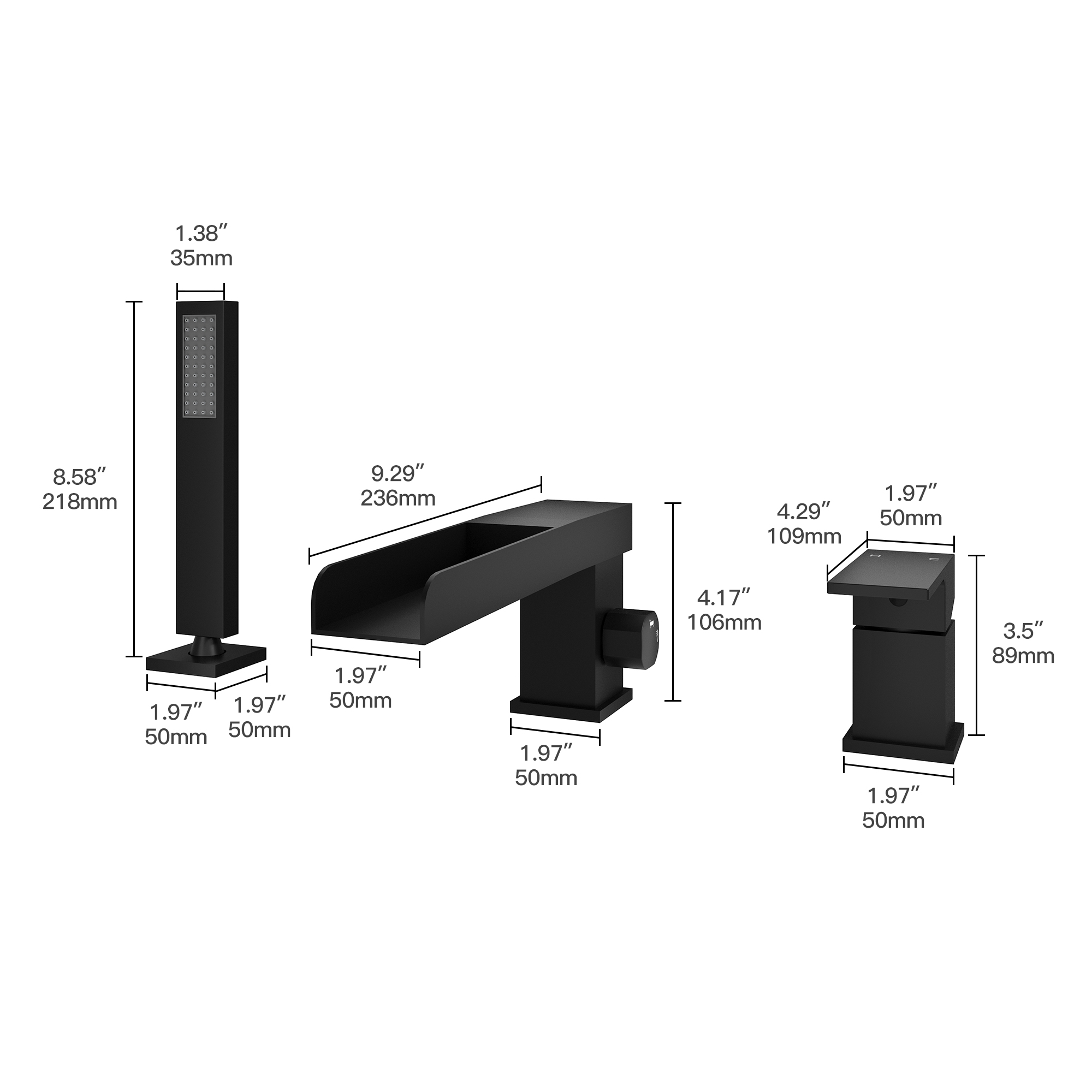 Single-Handle 3 Holes Waterfall Bathtub Filler Faucet with Hand Shower