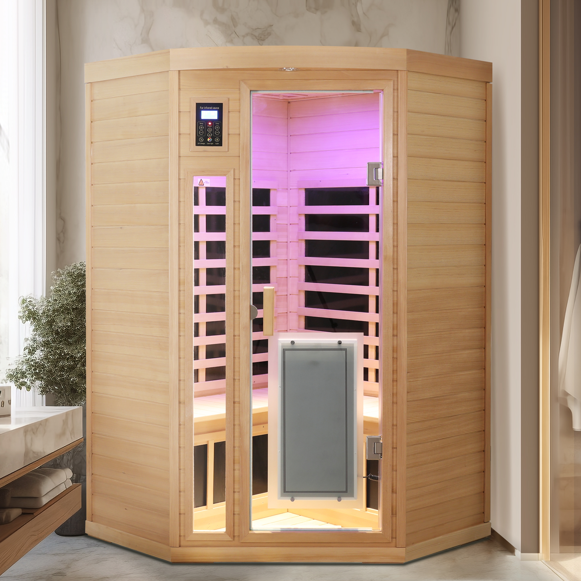 2-Person Hemlock Corner Infrared Sauna with Low EMF & Bluetooth Audio