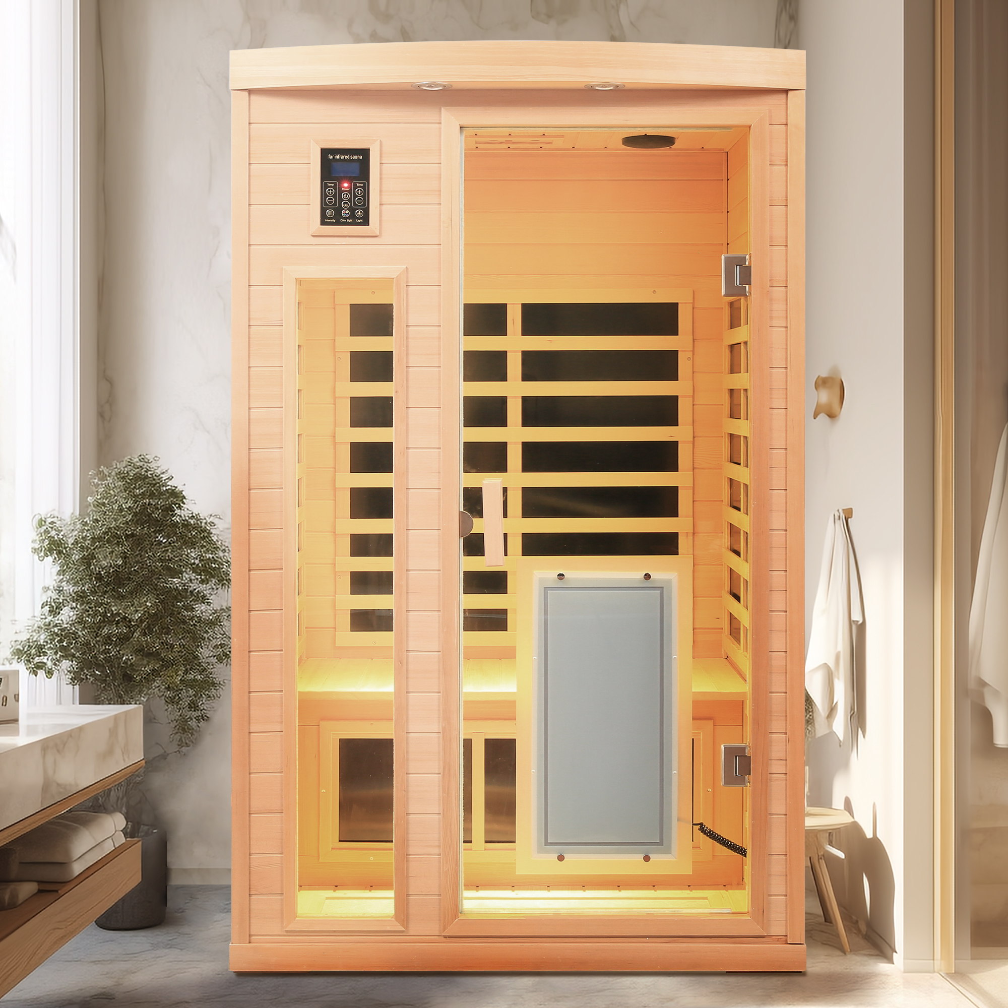 2-Person Hemlock Low EMF Infrared Sauna with Bluetooth and LED Lights