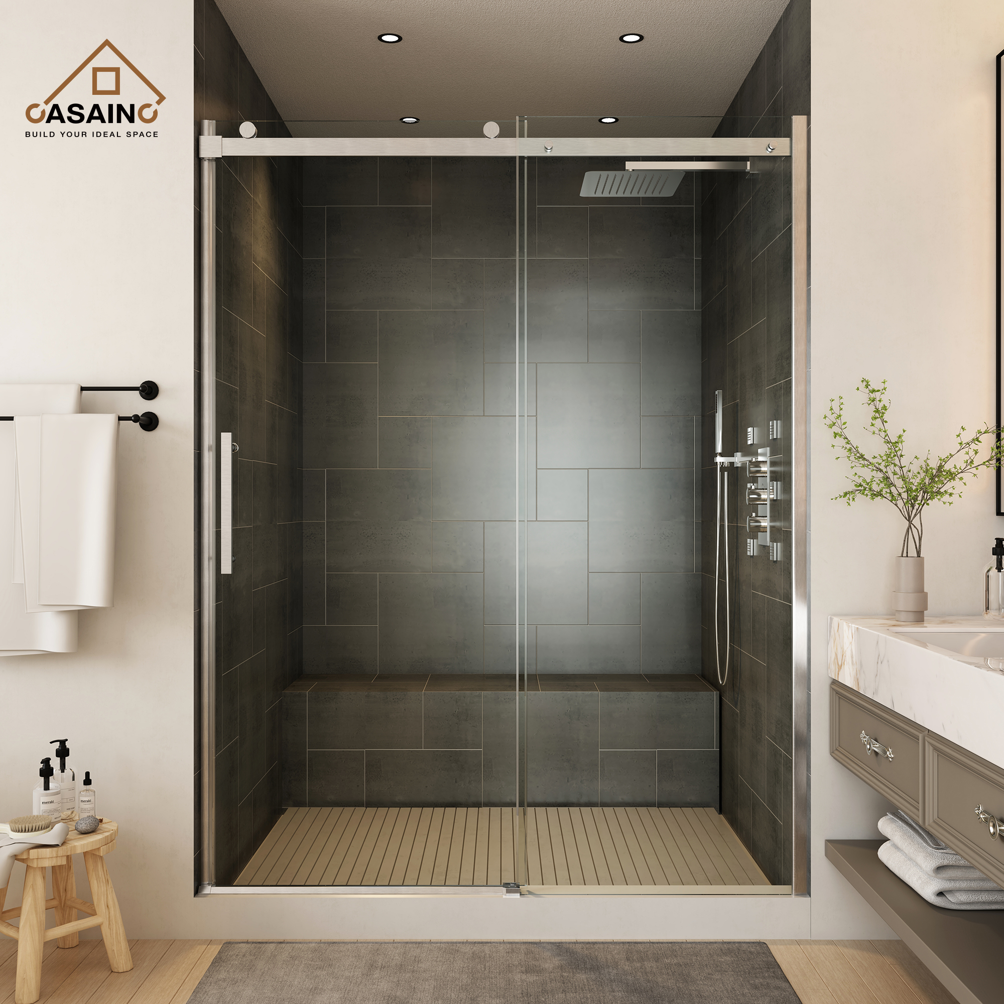 60"x76" Frameless Single Sliding Shower Door in Chrome/Brushed Nickel/Matte Black