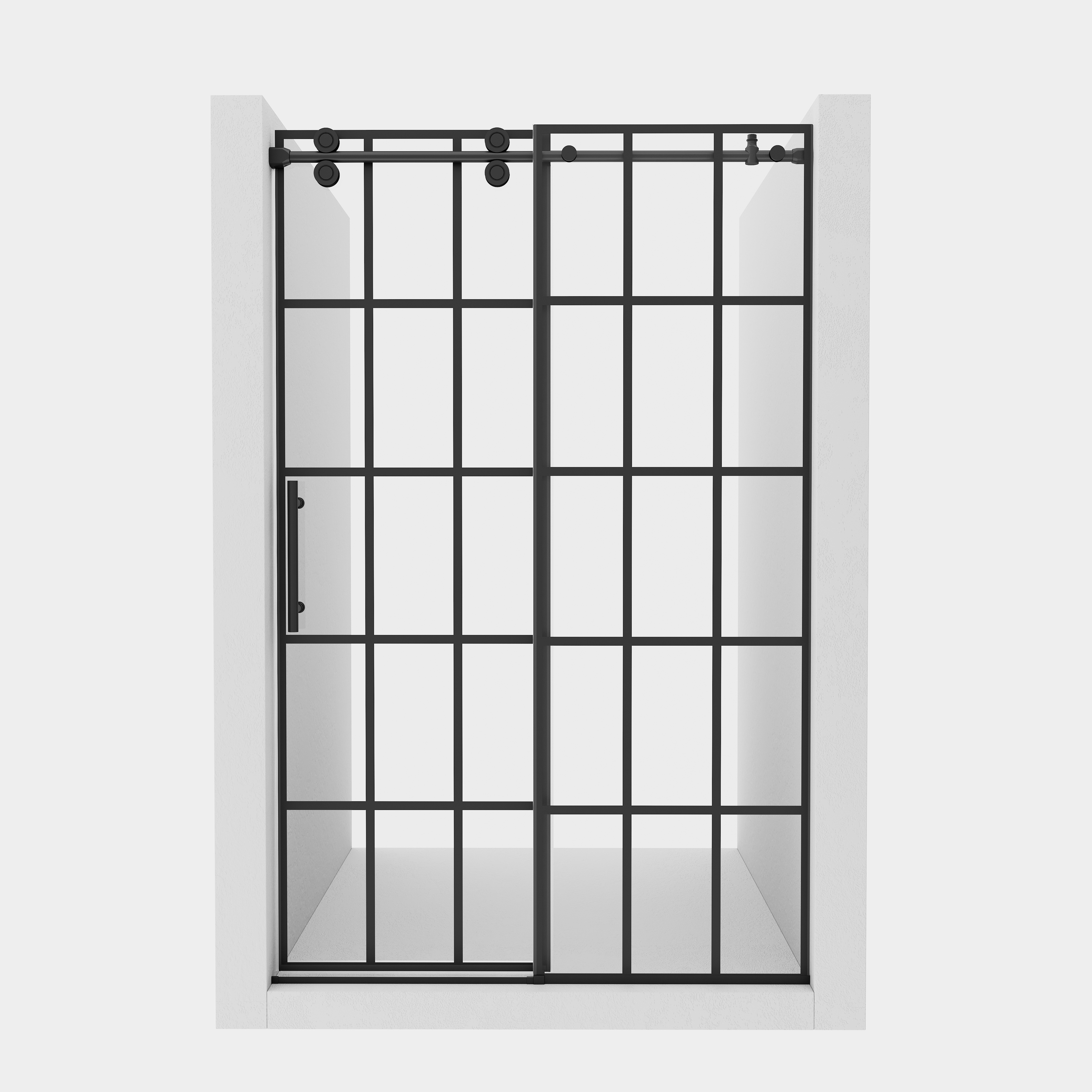 48"x76"/60"x76" Silk-Screen Frameless Single Sliding Shower Door in Matte Black, Black Grid Pattern Design, Irreversible Installation