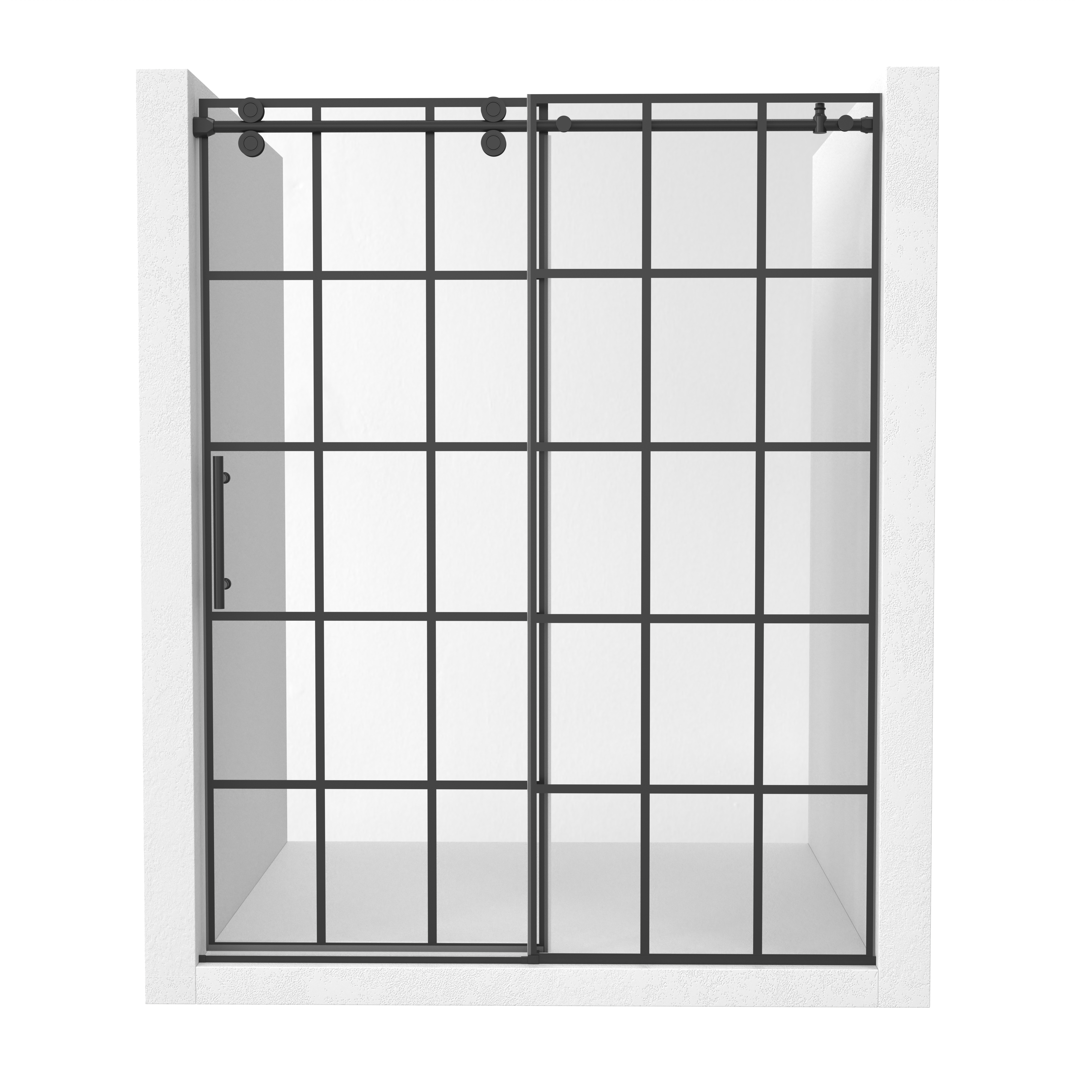 48"x76"/60"x76" Silk-Screen Frameless Single Sliding Shower Door in Matte Black, Black Grid Pattern Design, Irreversible Installation