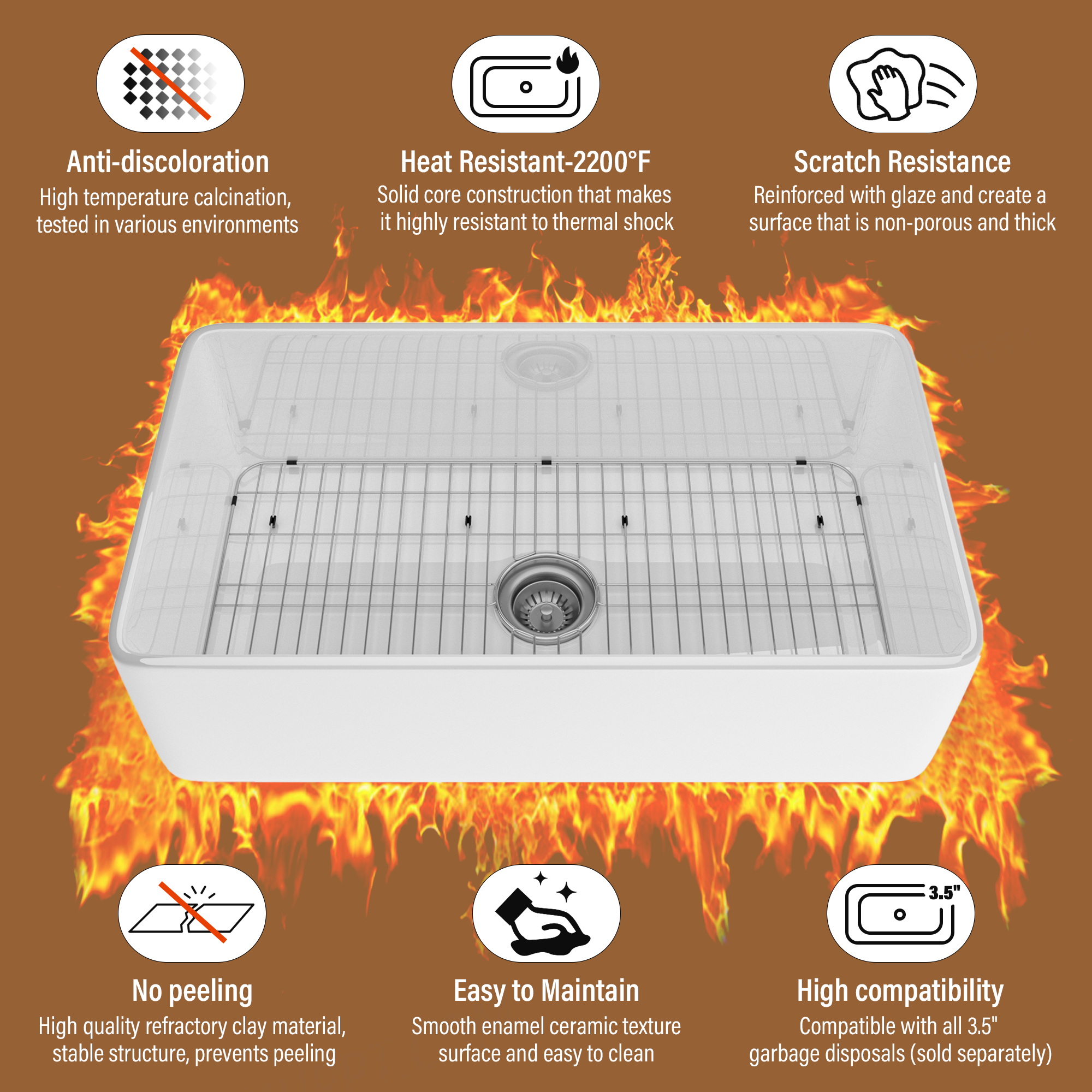 33 in. Fireclay Single Bowl Farmhouse Apron Kitchen Sink with Bottom Grid and Strainer