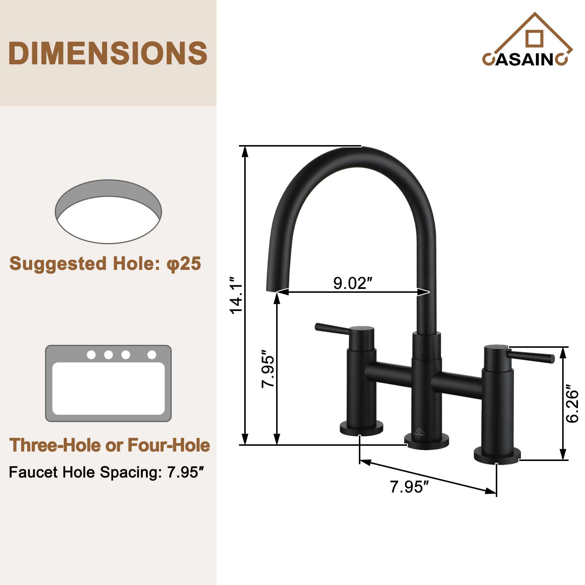 3 Hole Kitchen Faucet with Pull Down Sprayer and Faucet Side Sprayer Matte Black Brushed Gold Brushed Nickel