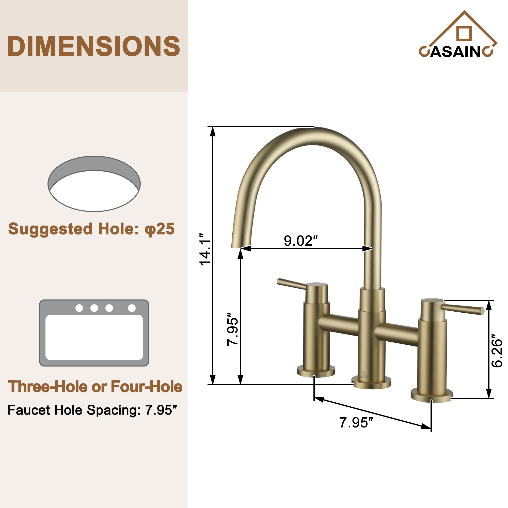 3 Hole Kitchen Faucet with Pull Down Sprayer and Faucet Side Sprayer Matte Black Brushed Gold Brushed Nickel