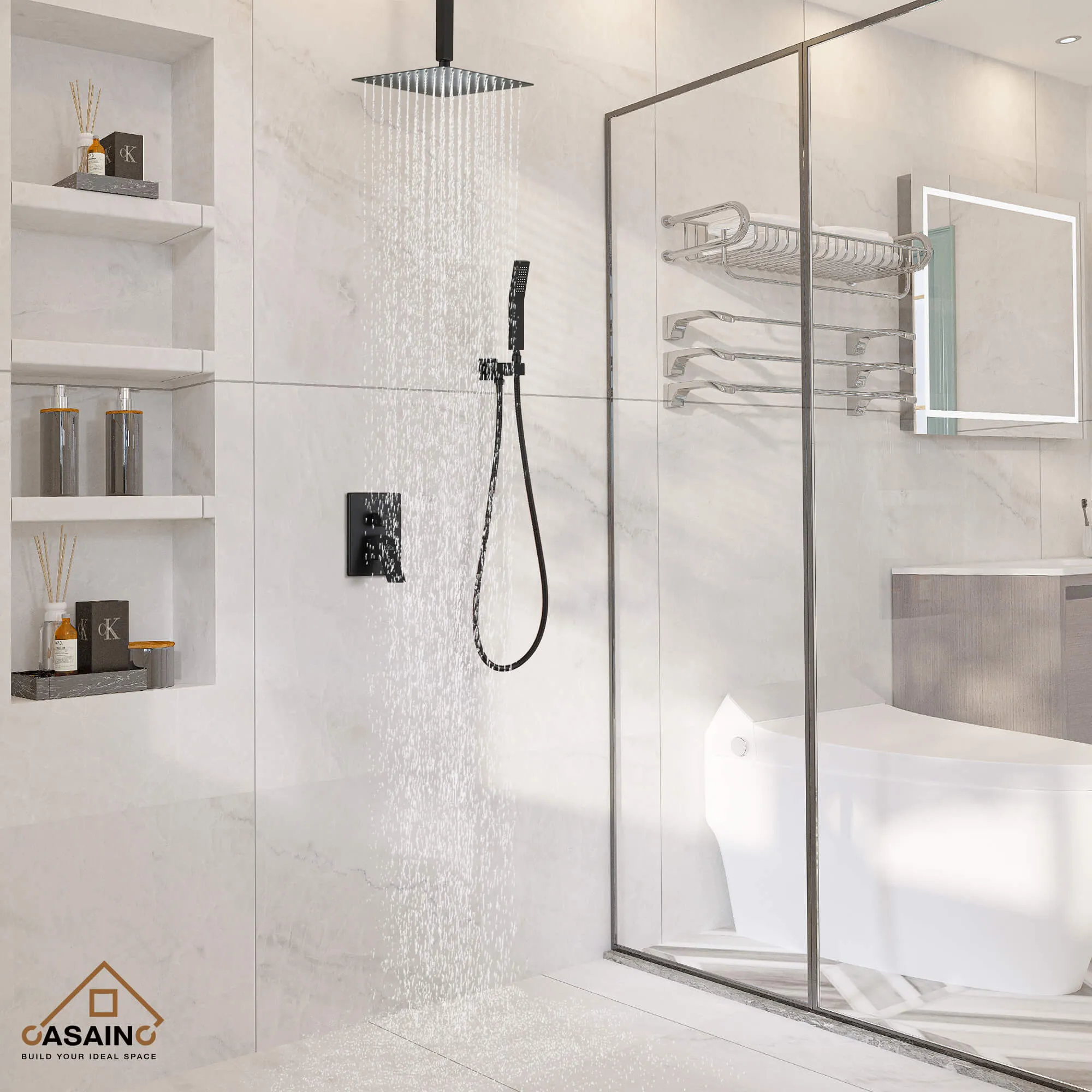 CASAINC Ceiling-Mounted 2-Function Shower System with Handheld Shower in Matte Black