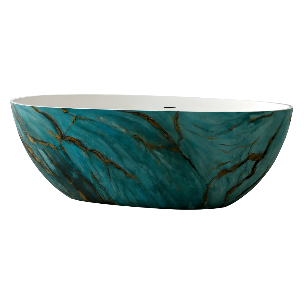 65” Freestanding Oval Solid Surface Soaking Bathtub in Emerald-Green with Center Drain & Overflow