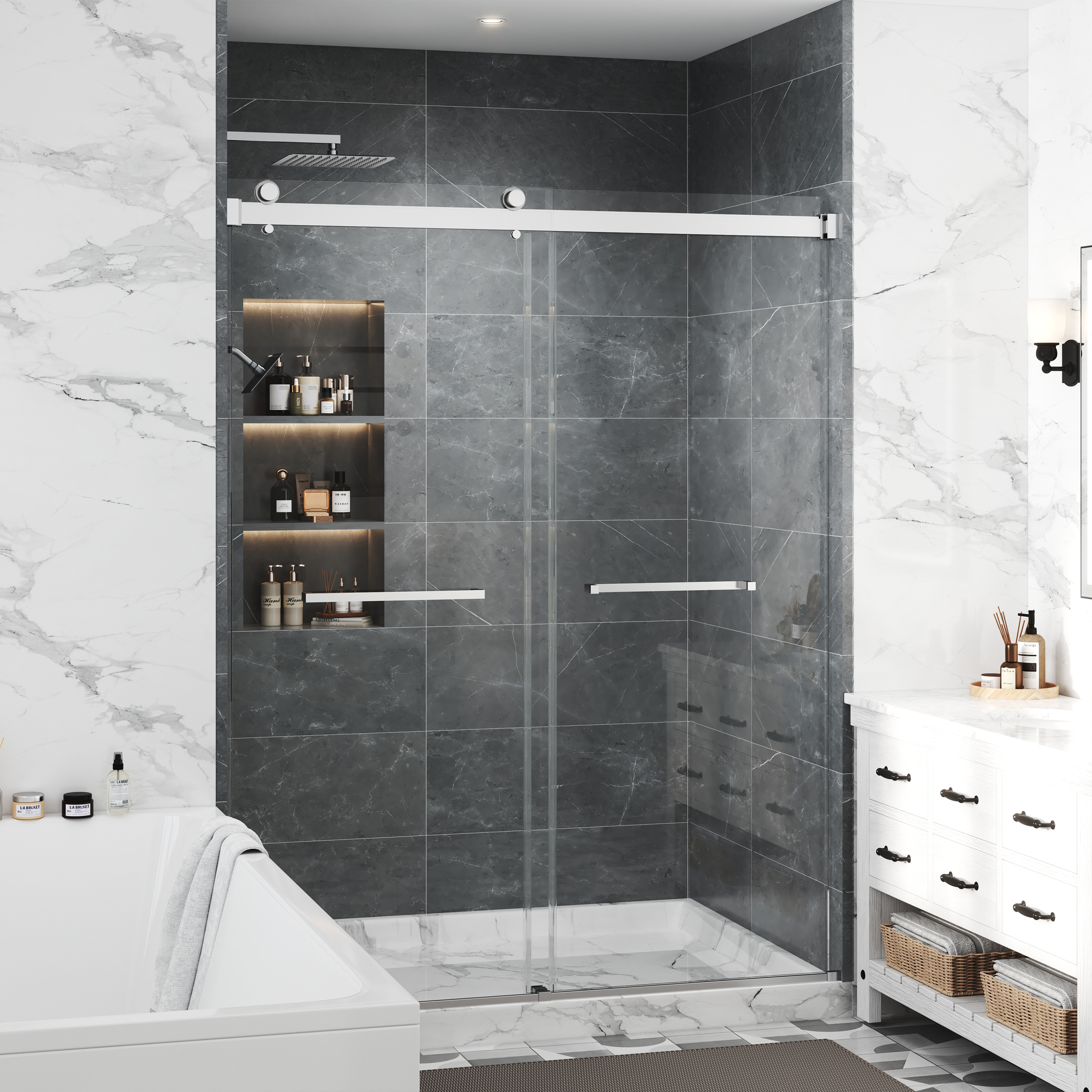 48"x76" Adjustable Frameless Double Sliding Shower Door with Towel Bars