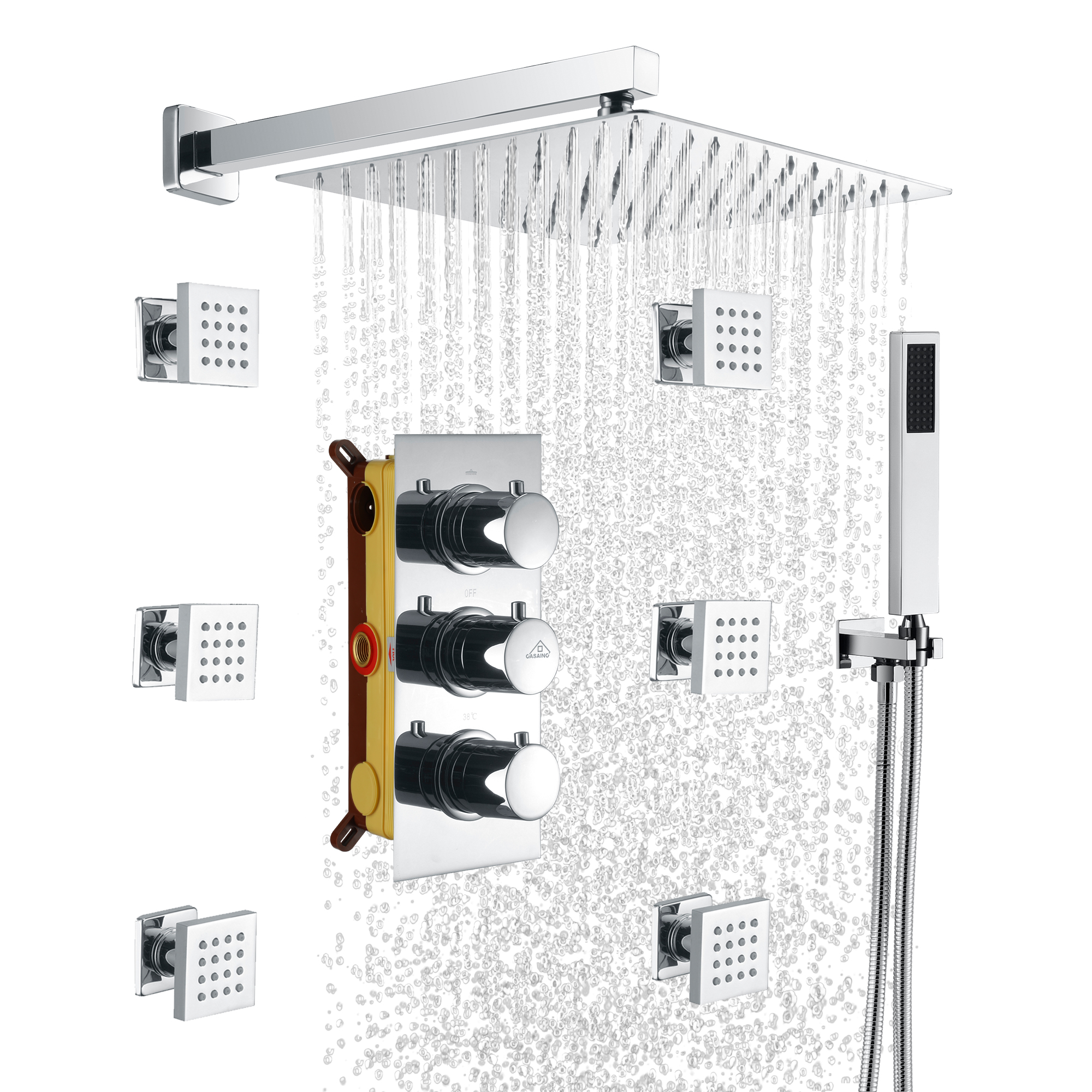 12" Thermostatic Complete Shower System with Rough-in Valve & 6 Body Jets
