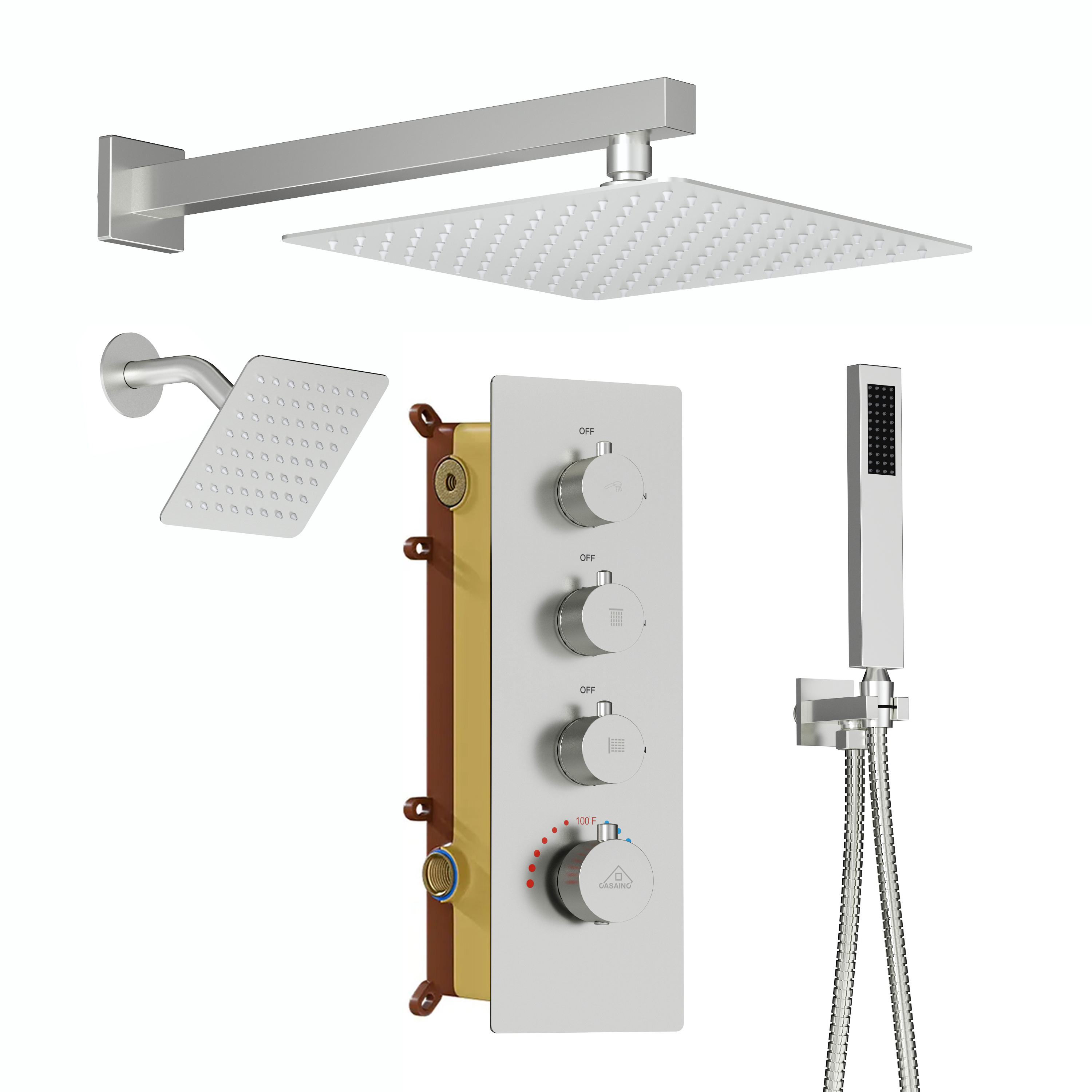 12-inch 3-Function Wall Mounted Dual Shower System with Thermostatic Valve