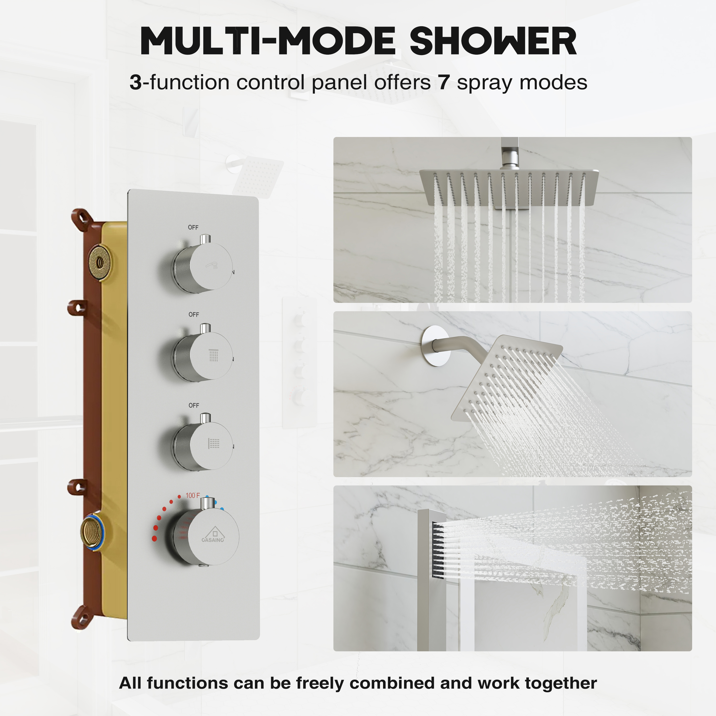 12-inch 3-Function Wall Mounted Dual Shower System with Thermostatic Valve