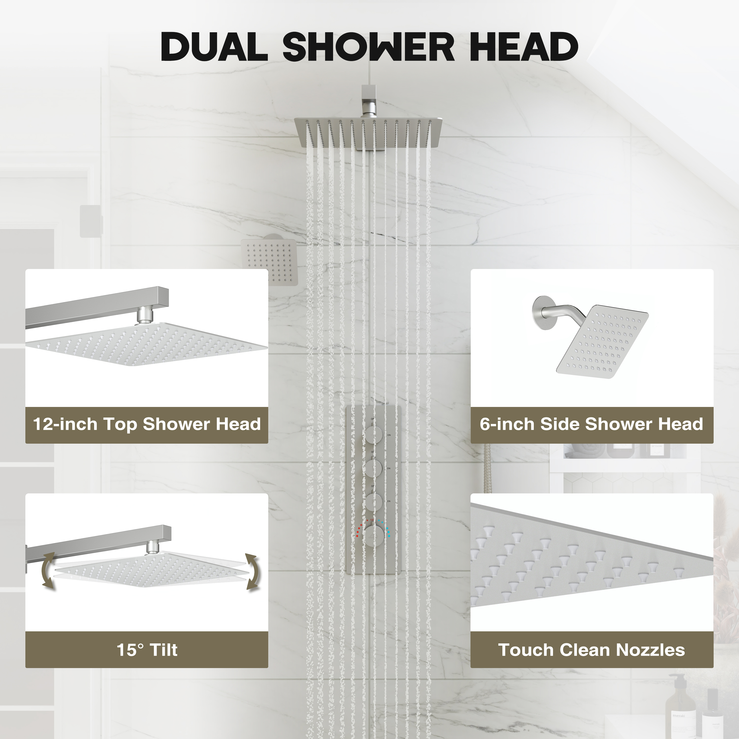 12-inch 3-Function Wall Mounted Dual Shower System with Thermostatic Valve