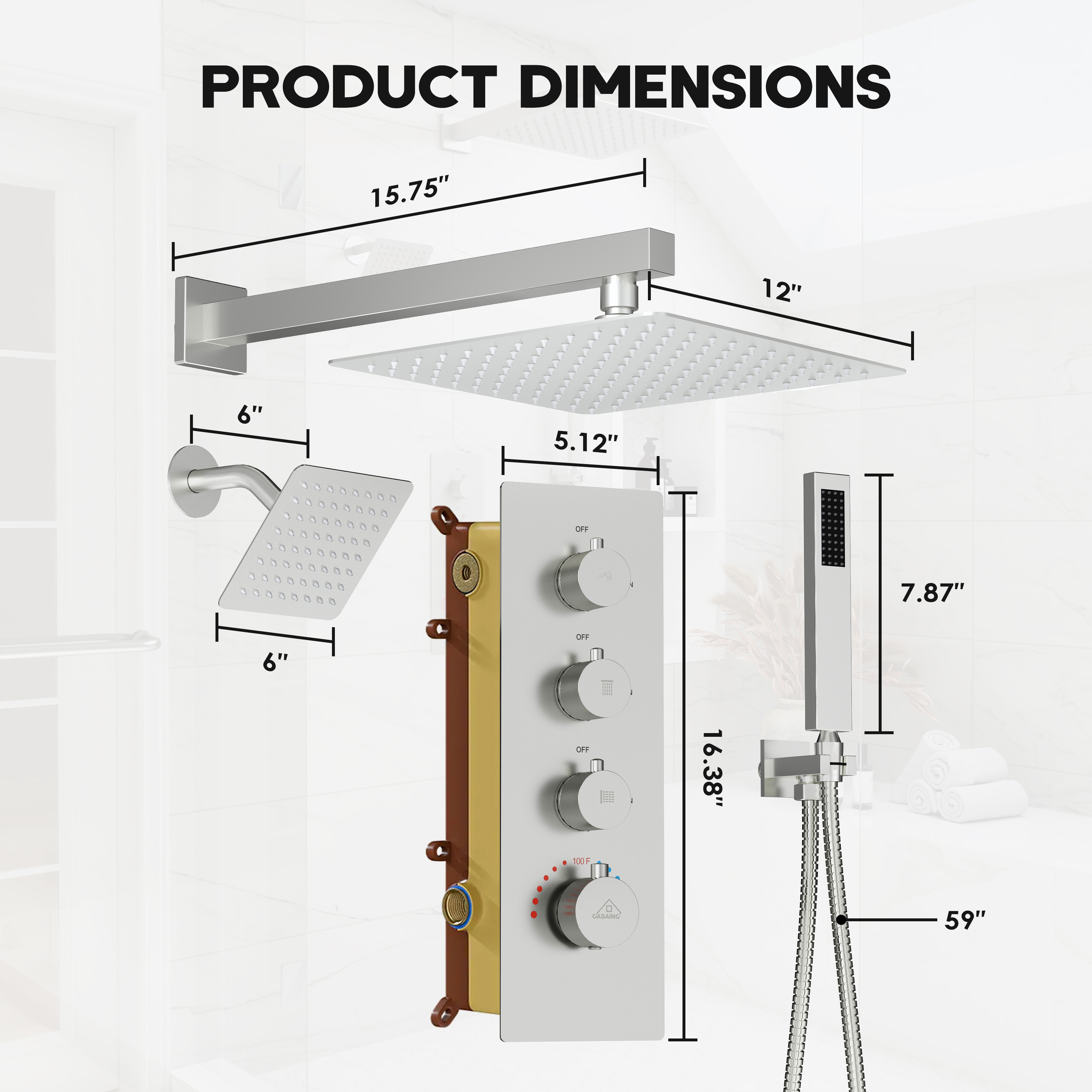12-inch 3-Function Wall Mounted Dual Shower System with Thermostatic Valve