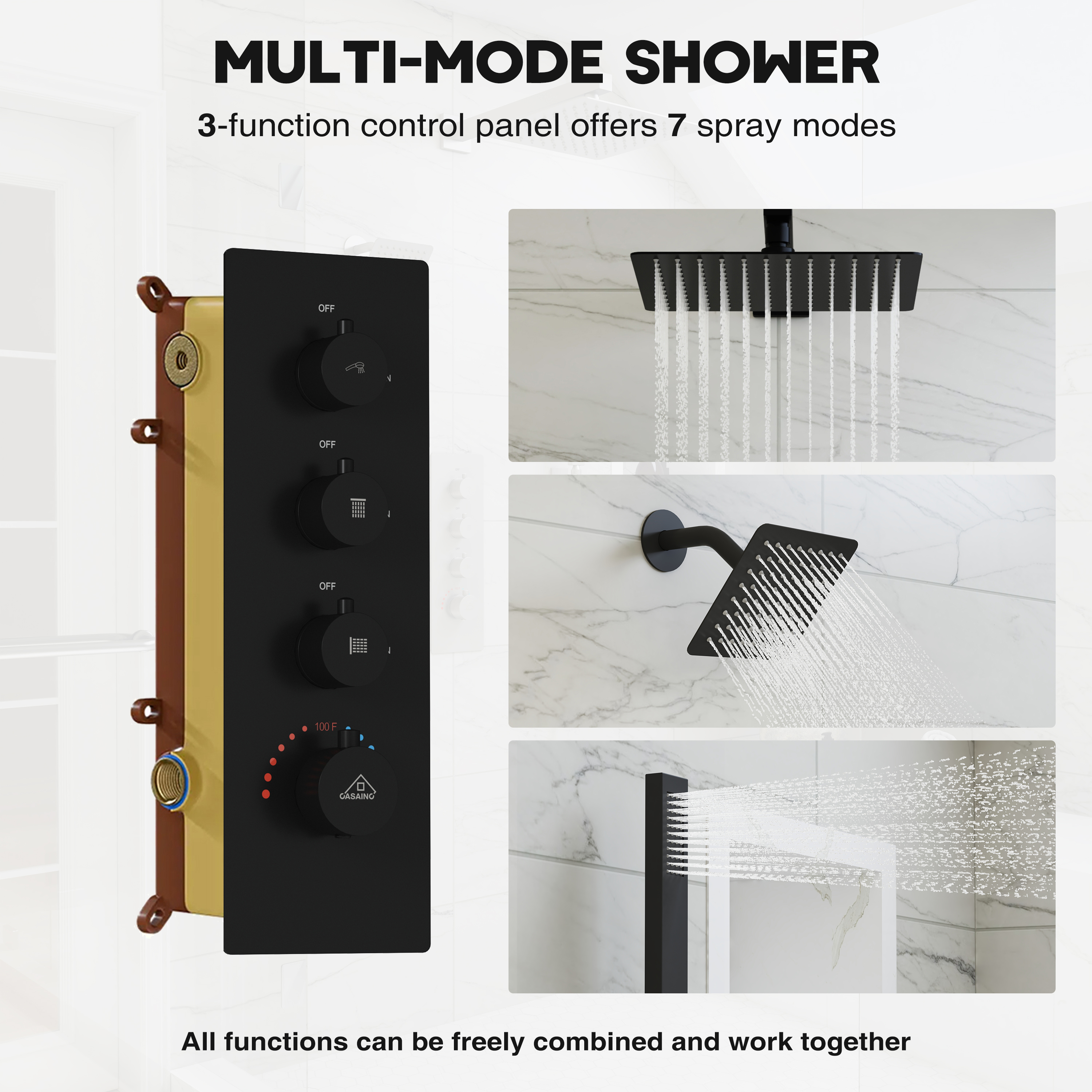 12-inch 3-Function Wall Mounted Dual Shower System with Thermostatic Valve