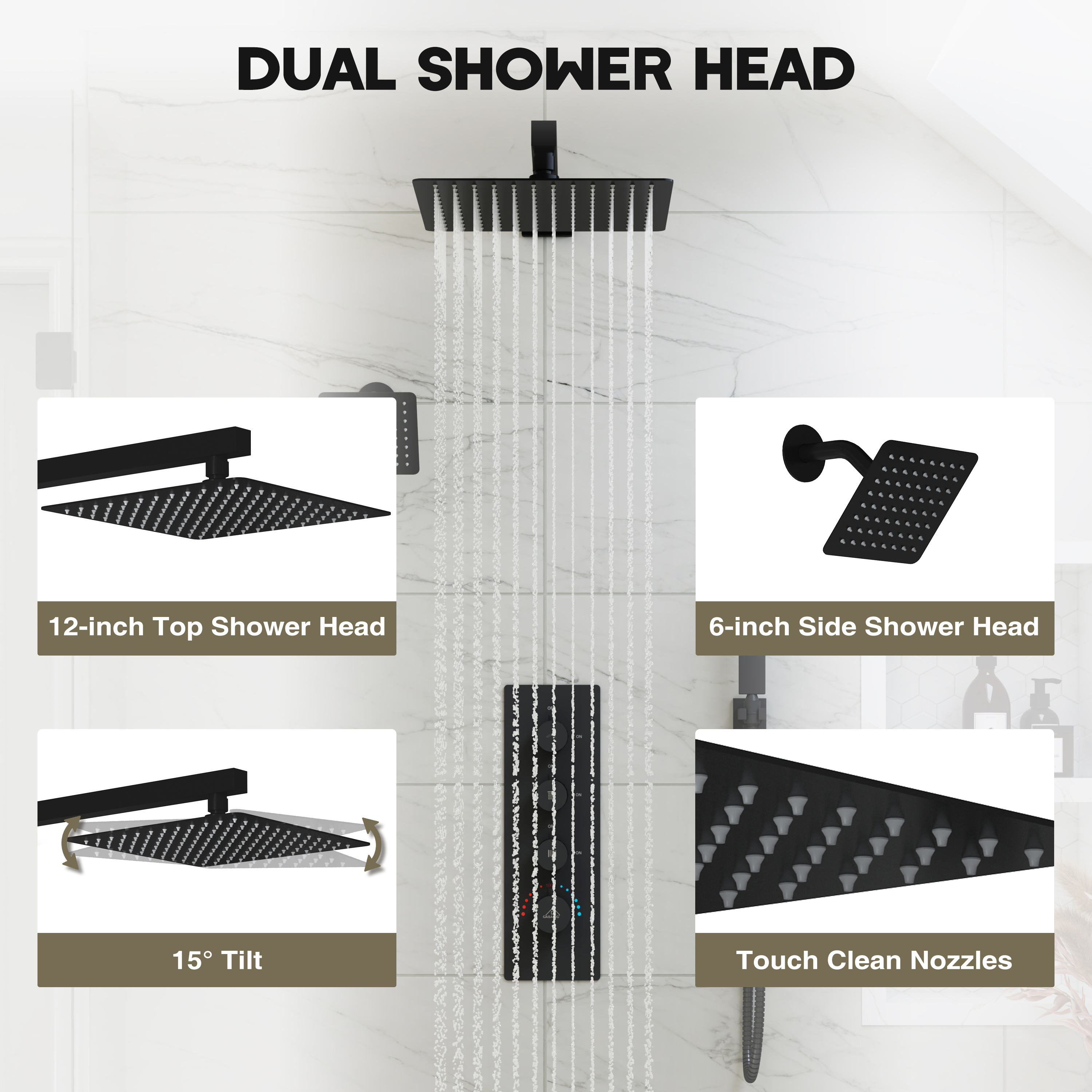 12-inch 3-Function Wall Mounted Dual Shower System with Thermostatic Valve