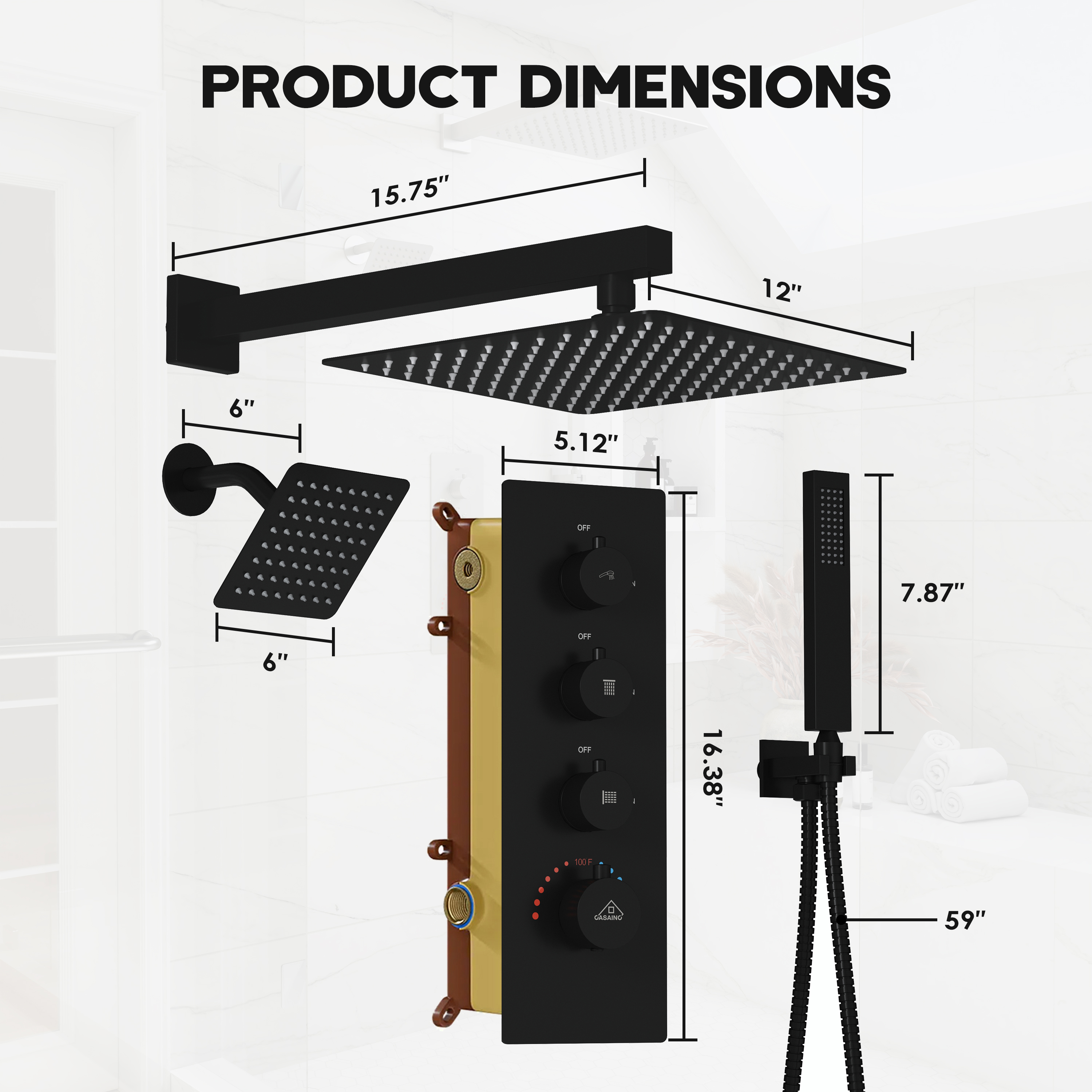 12-inch 3-Function Wall Mounted Dual Shower System with Thermostatic Valve