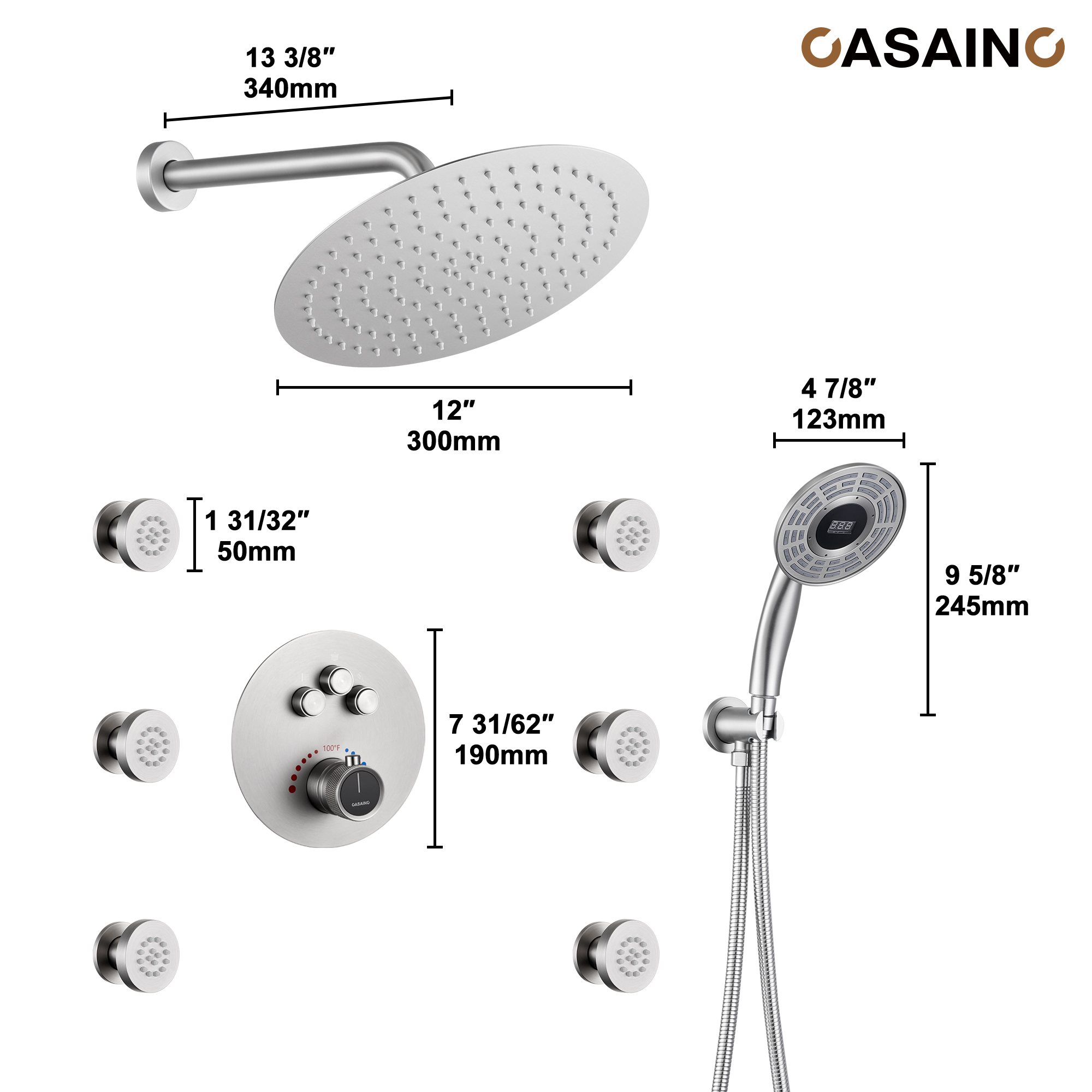 Casainc Smart Temperature Digital Adjustment 3 Function Luxury Thermostatic Shower