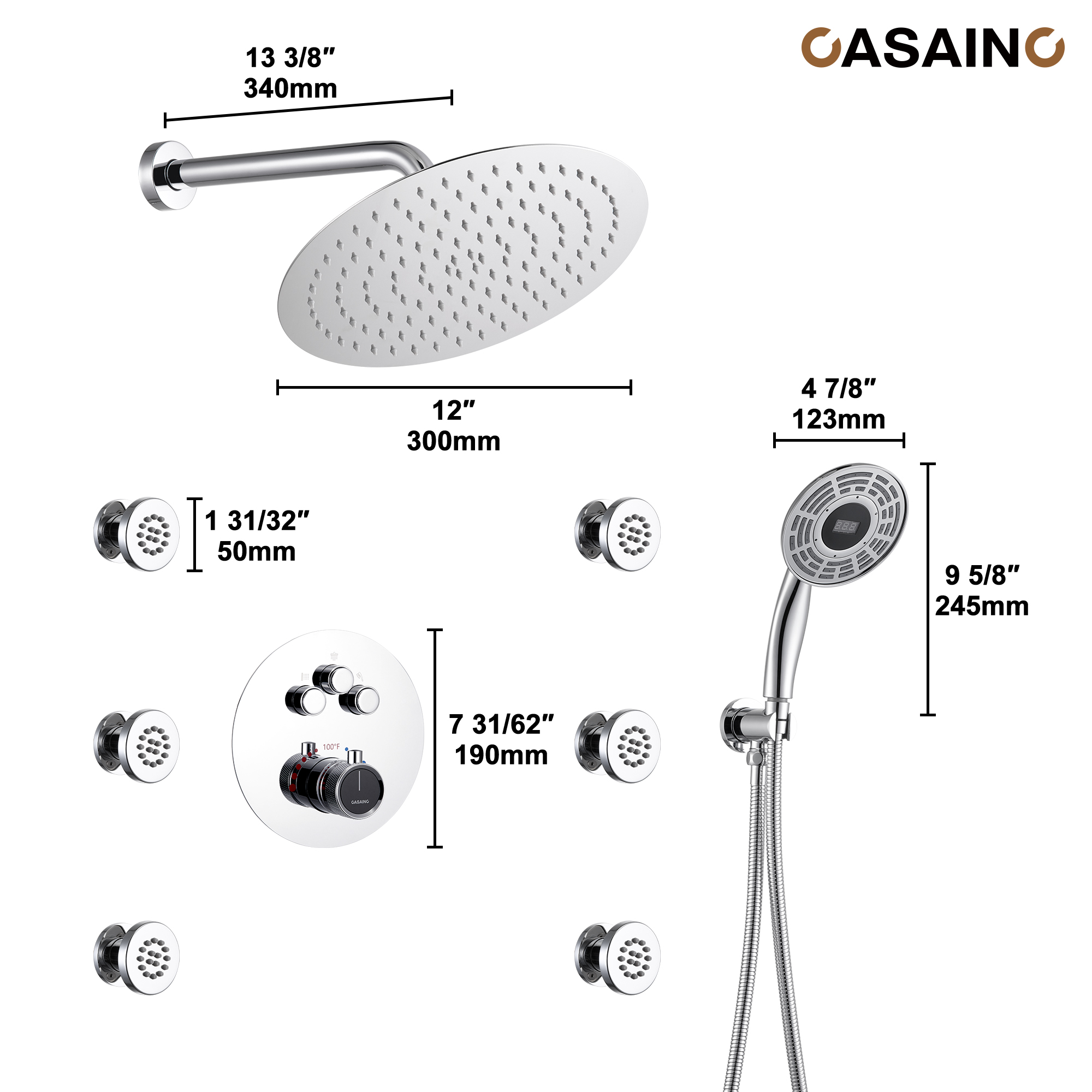 Casainc Smart Temperature Digital Adjustment 3 Function Luxury Thermostatic Shower