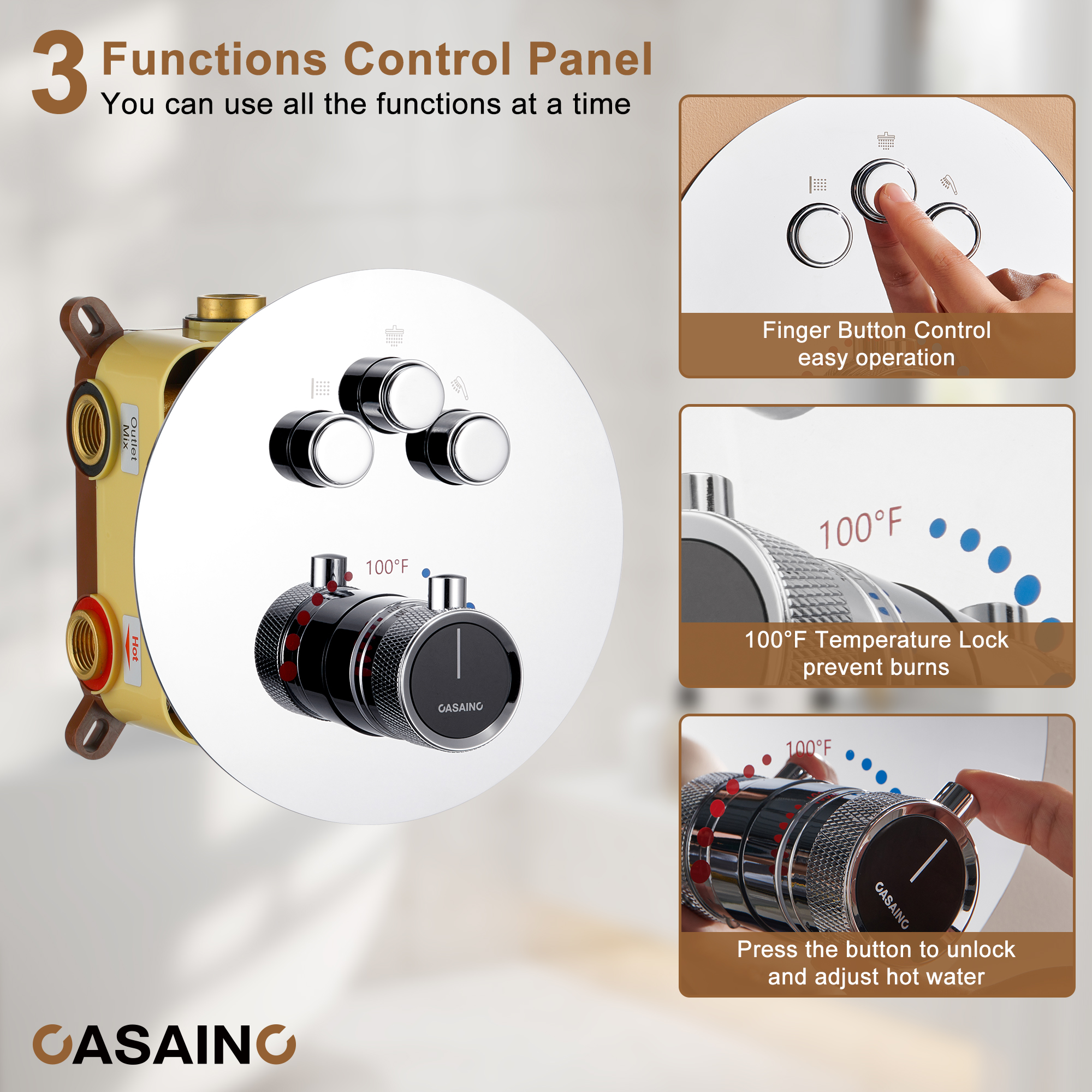 Casainc Smart Temperature Digital Adjustment 3 Function Luxury Thermostatic Shower