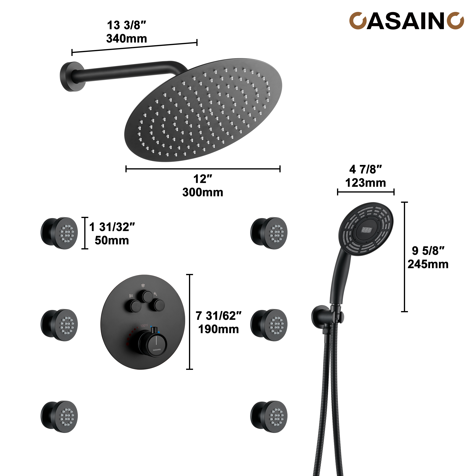 Casainc Smart Temperature Digital Adjustment 3 Function Luxury Thermostatic Shower
