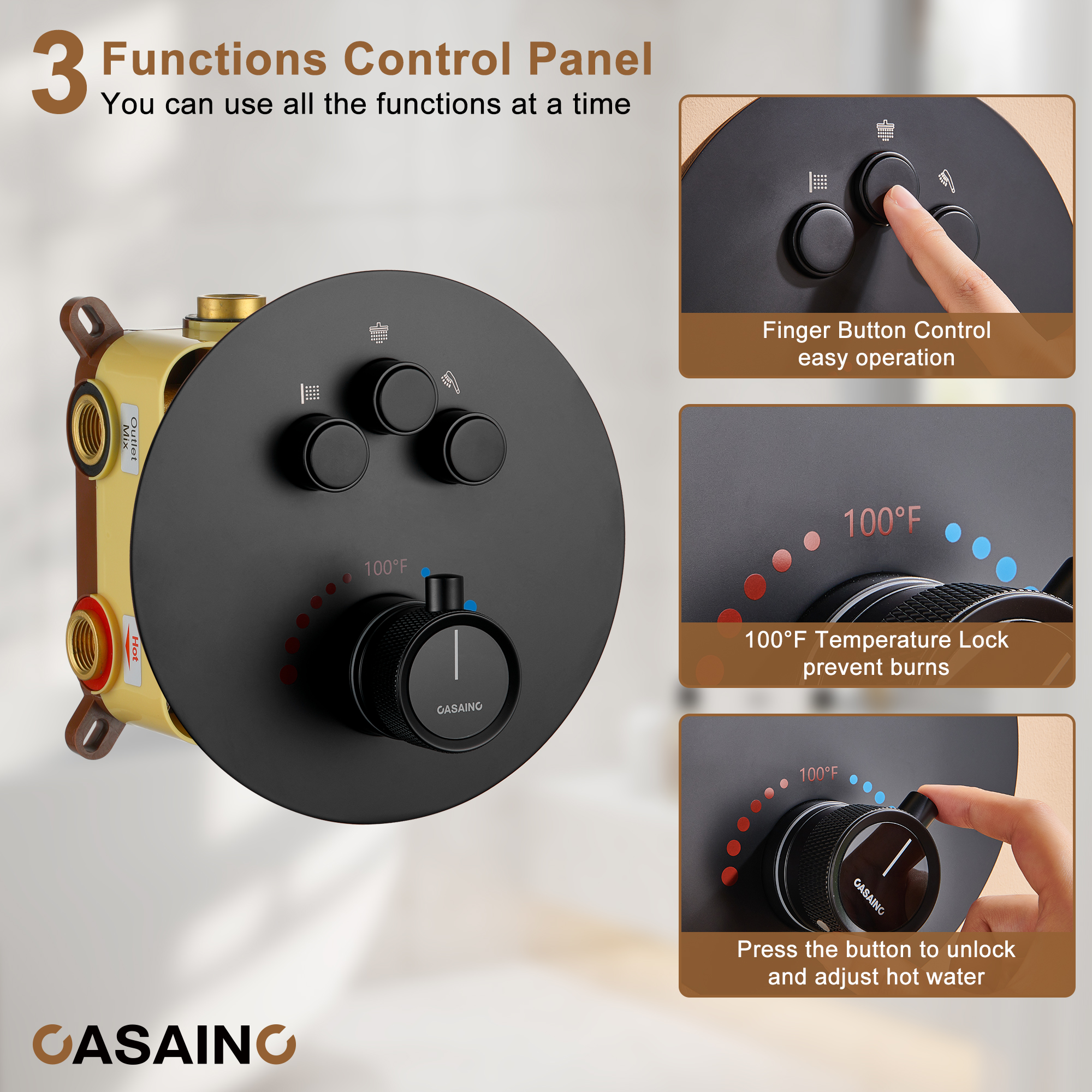 Casainc Smart Temperature Digital Adjustment 3 Function Luxury Thermostatic Shower