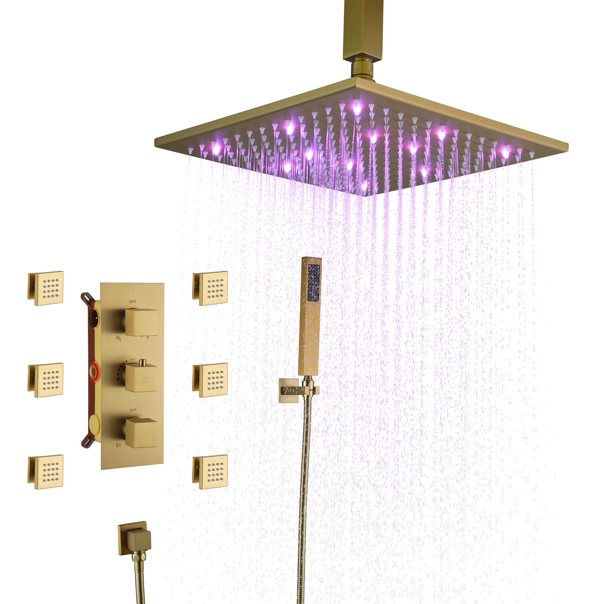 12" Ceiling Mount Luxury Shower System with LED Light & 6 Body Jets