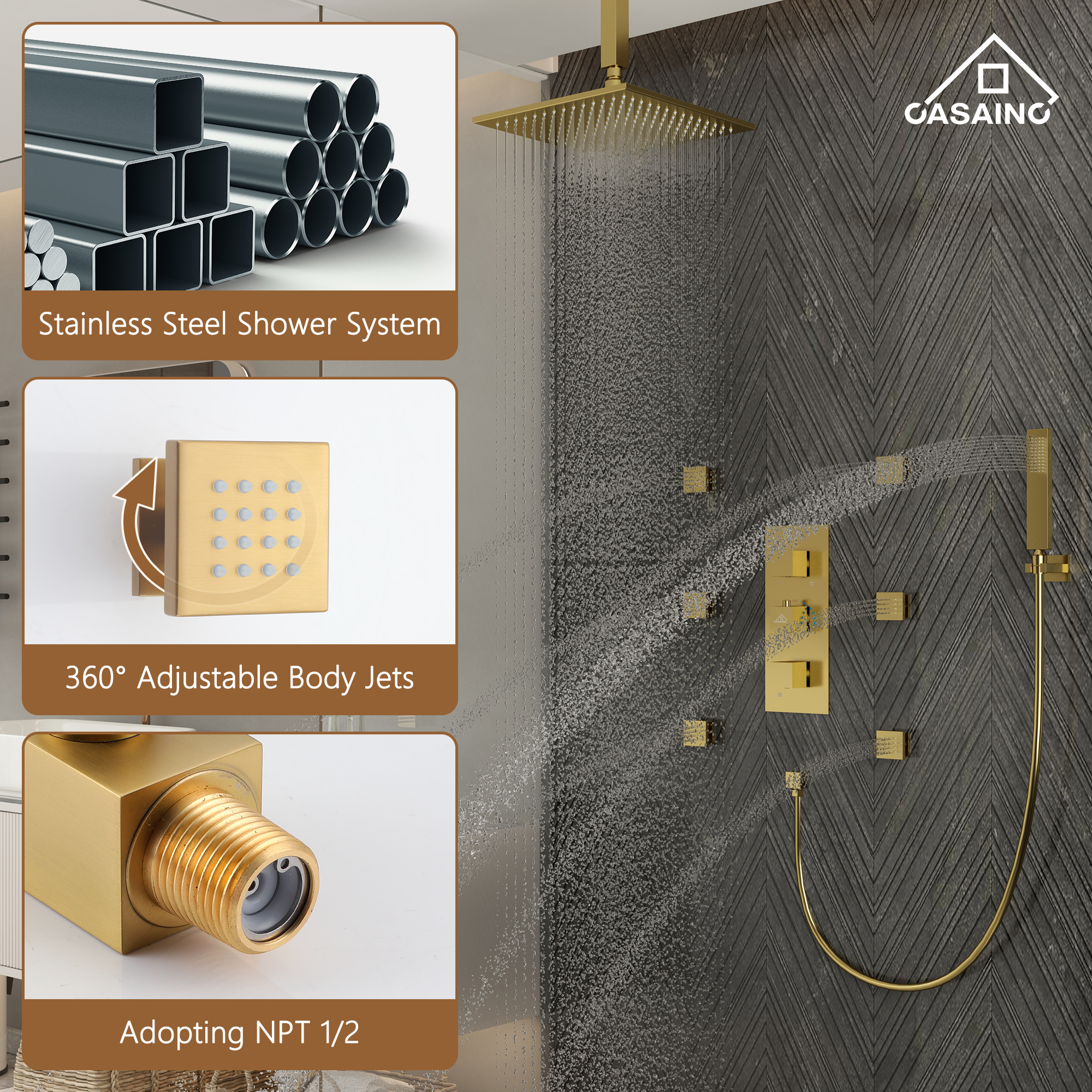 12" Ceiling Mount Luxury Shower System with LED Light & 6 Body Jets