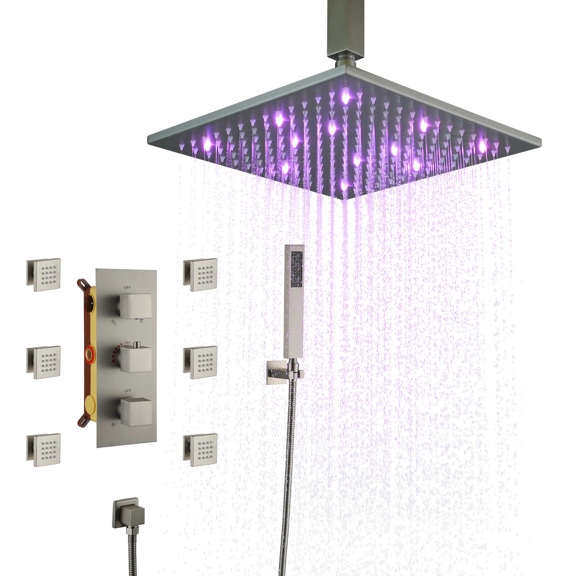 12" Ceiling Mount Luxury Shower System with LED Light & 6 Body Jets