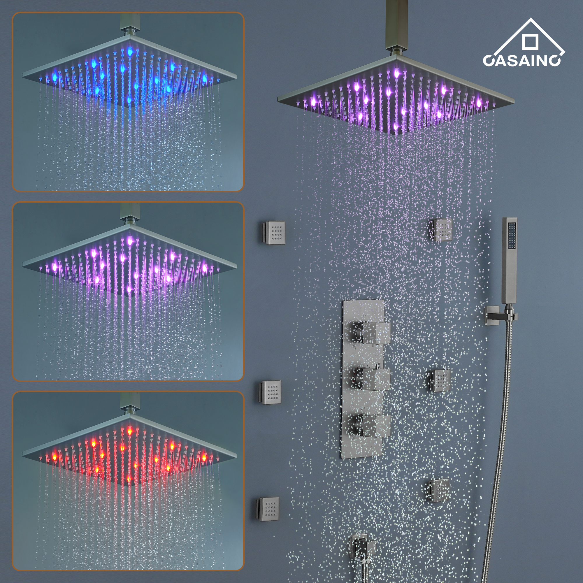 12" Ceiling Mount Luxury Shower System with LED Light & 6 Body Jets