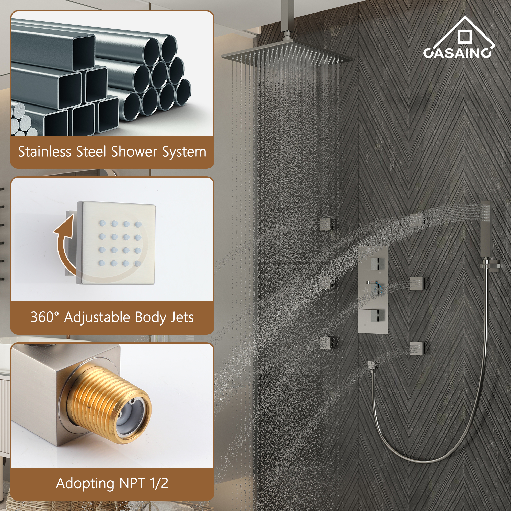 12" Ceiling Mount Luxury Shower System with LED Light & 6 Body Jets