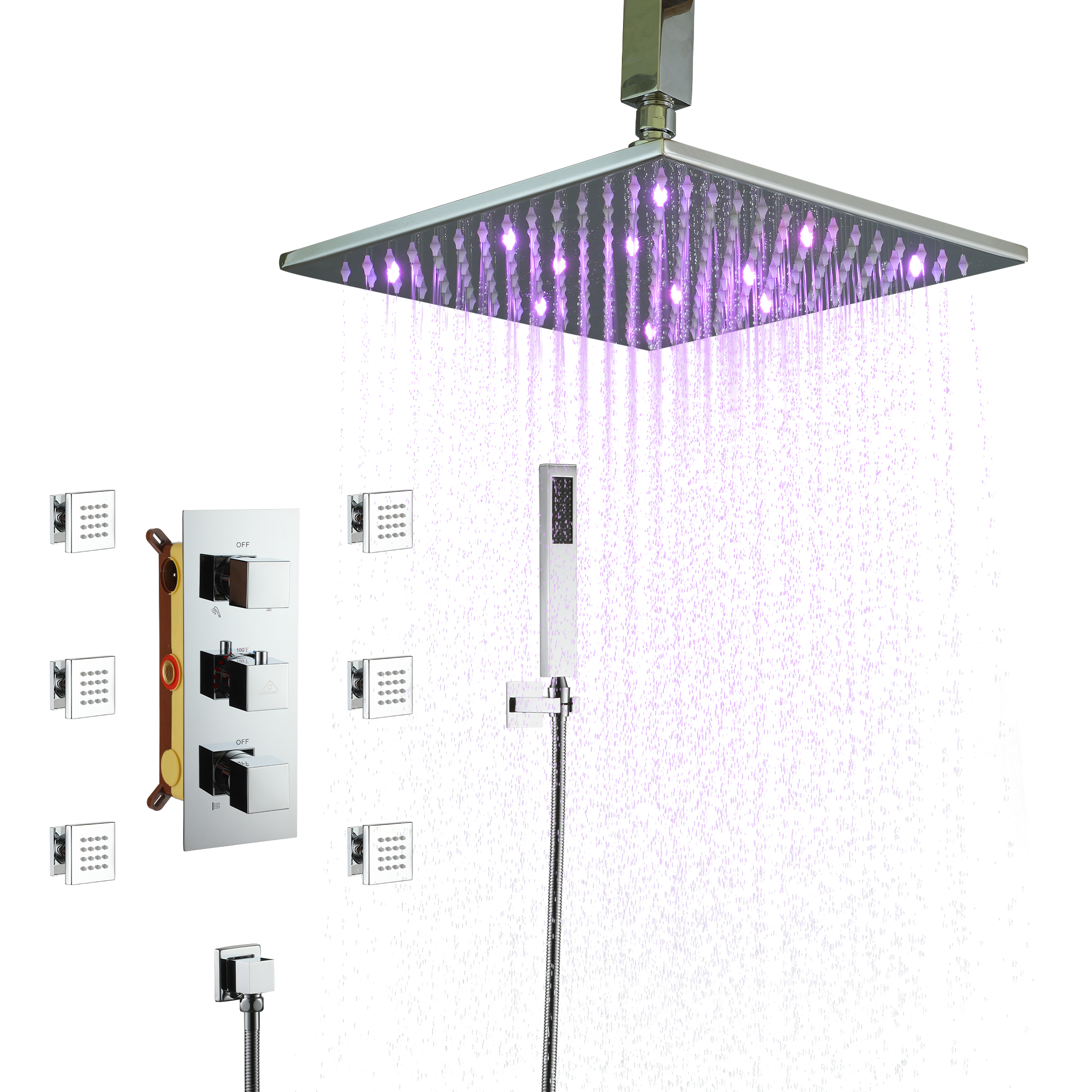 12" Ceiling Mount Luxury Shower System with LED Light & 6 Body Jets
