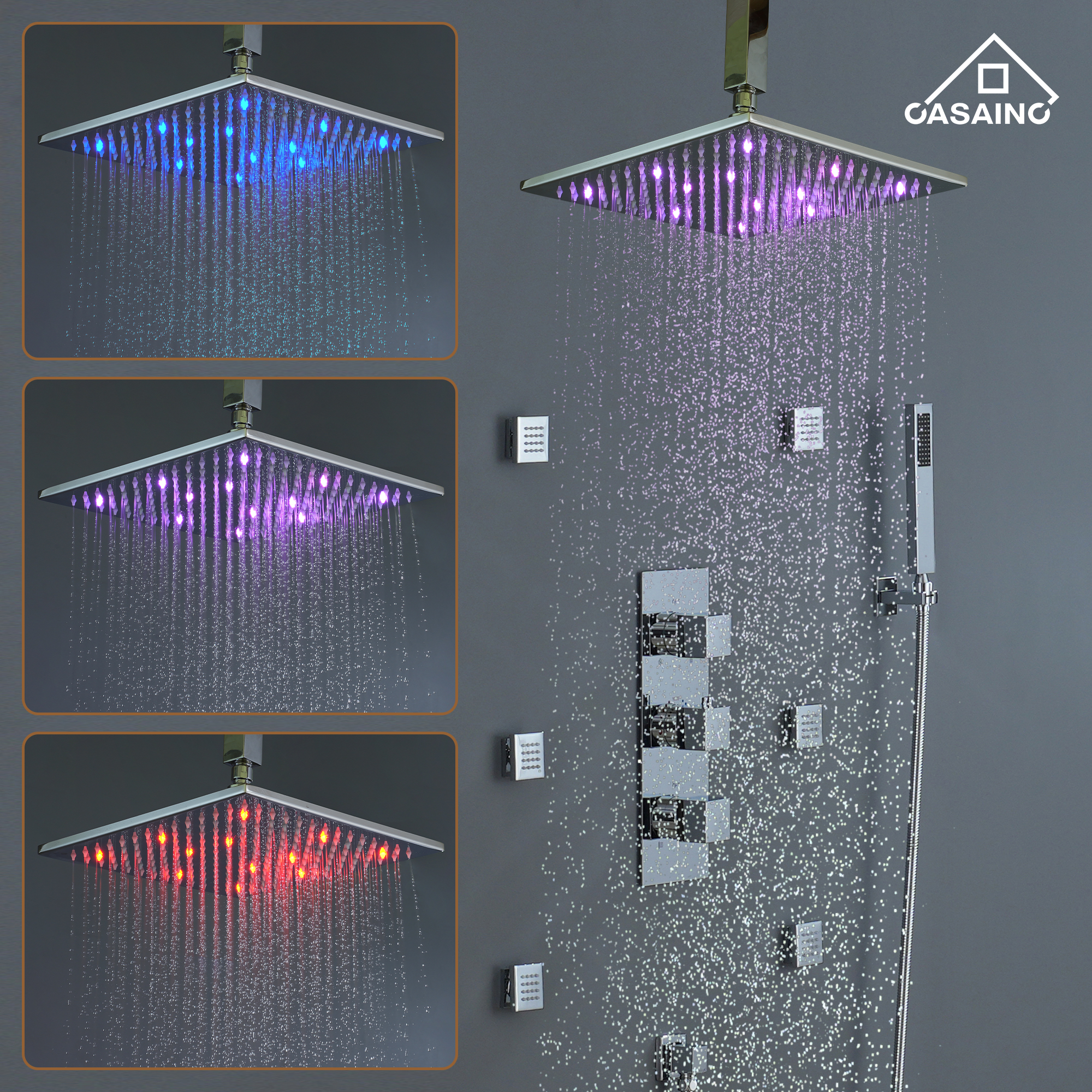 12" Ceiling Mount Luxury Shower System with LED Light & 6 Body Jets