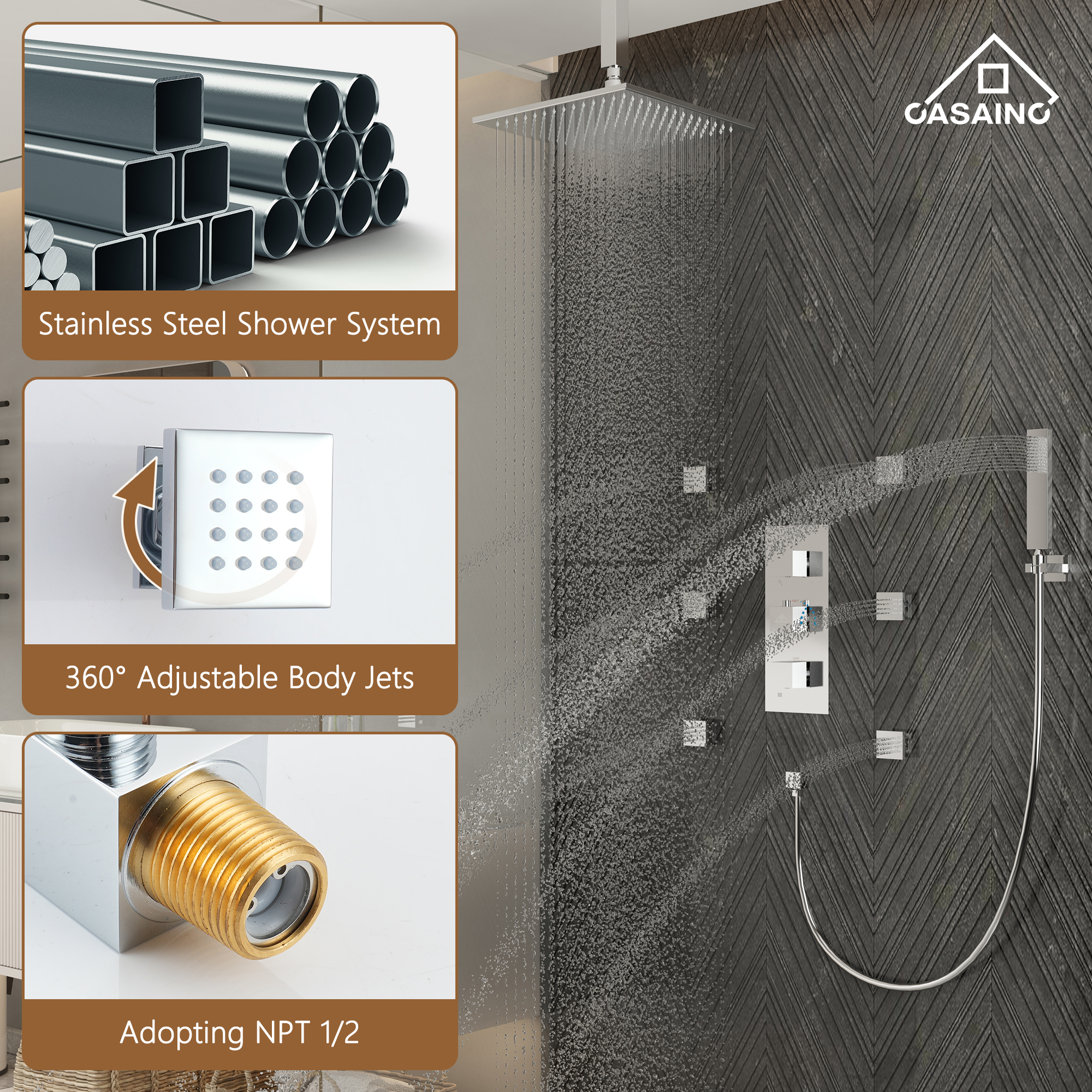 12" Ceiling Mount Luxury Shower System with LED Light & 6 Body Jets