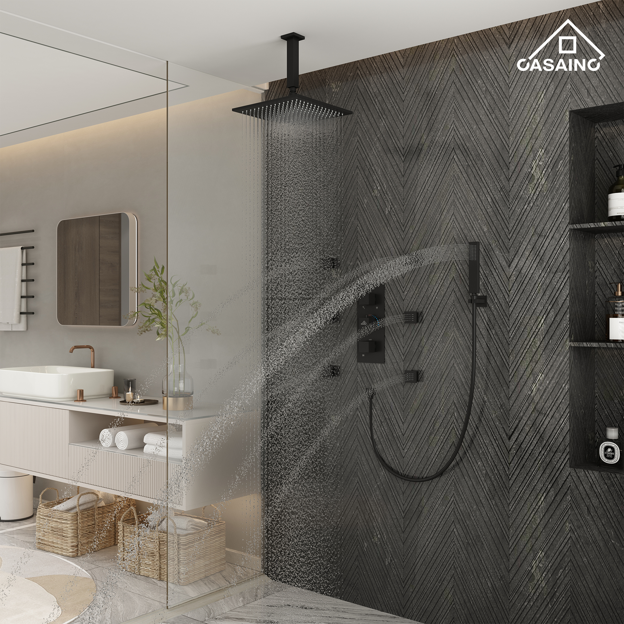 12" Ceiling Mount Luxury Shower System with LED Light & 6 Body Jets