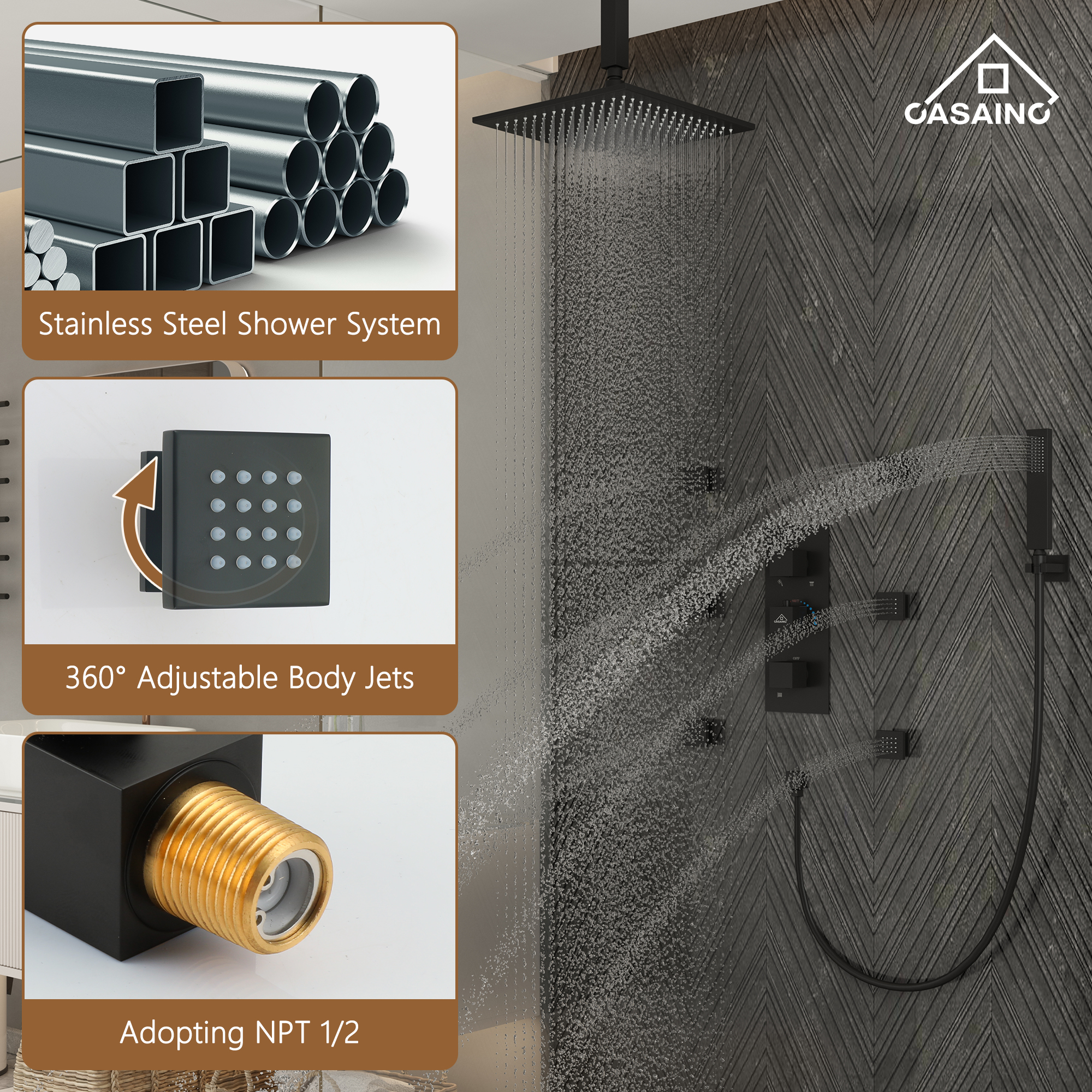 12" Ceiling Mount Luxury Shower System with LED Light & 6 Body Jets