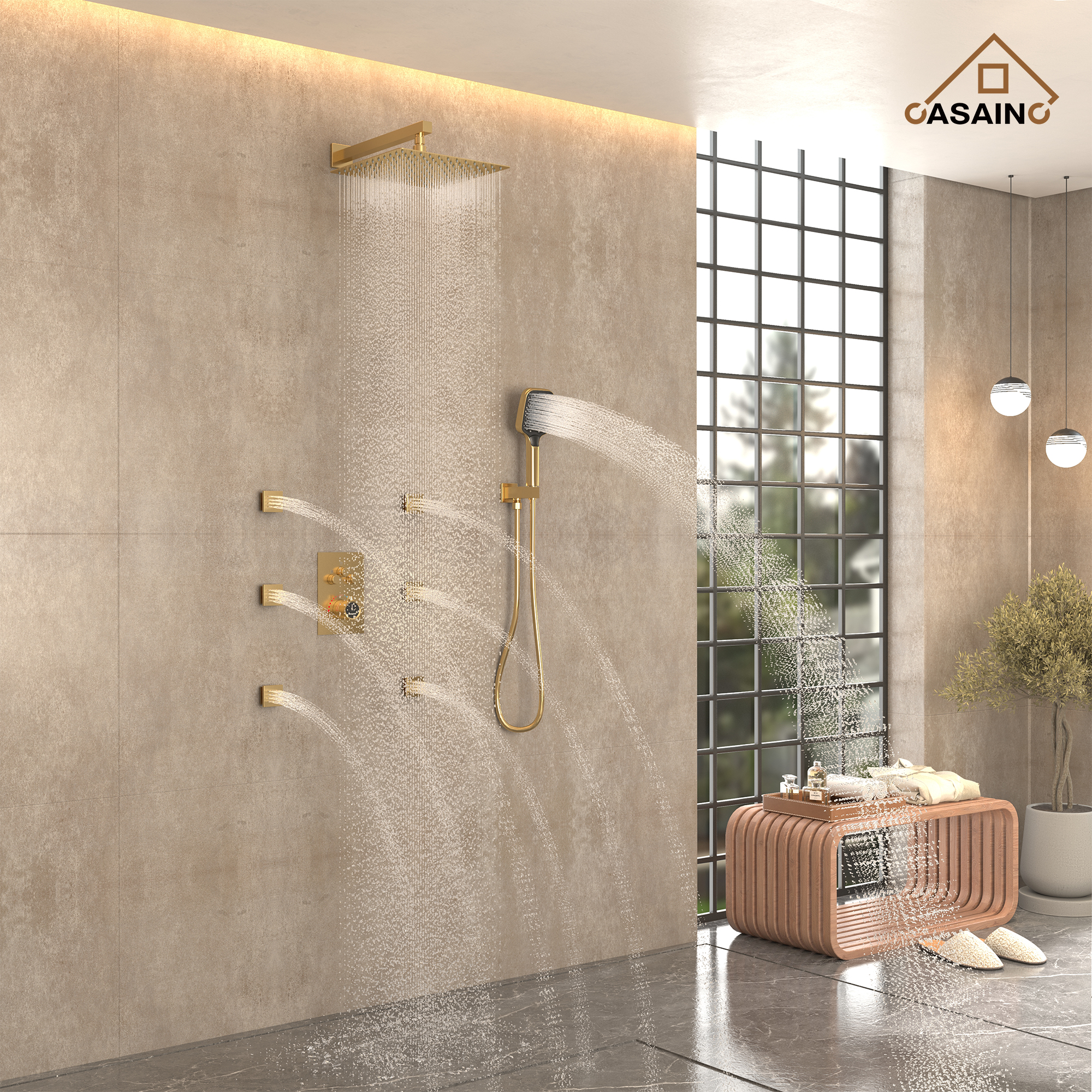 12" Wall-Mount Rainfall Shower System with Thermostatic Control & 6 Body Jets