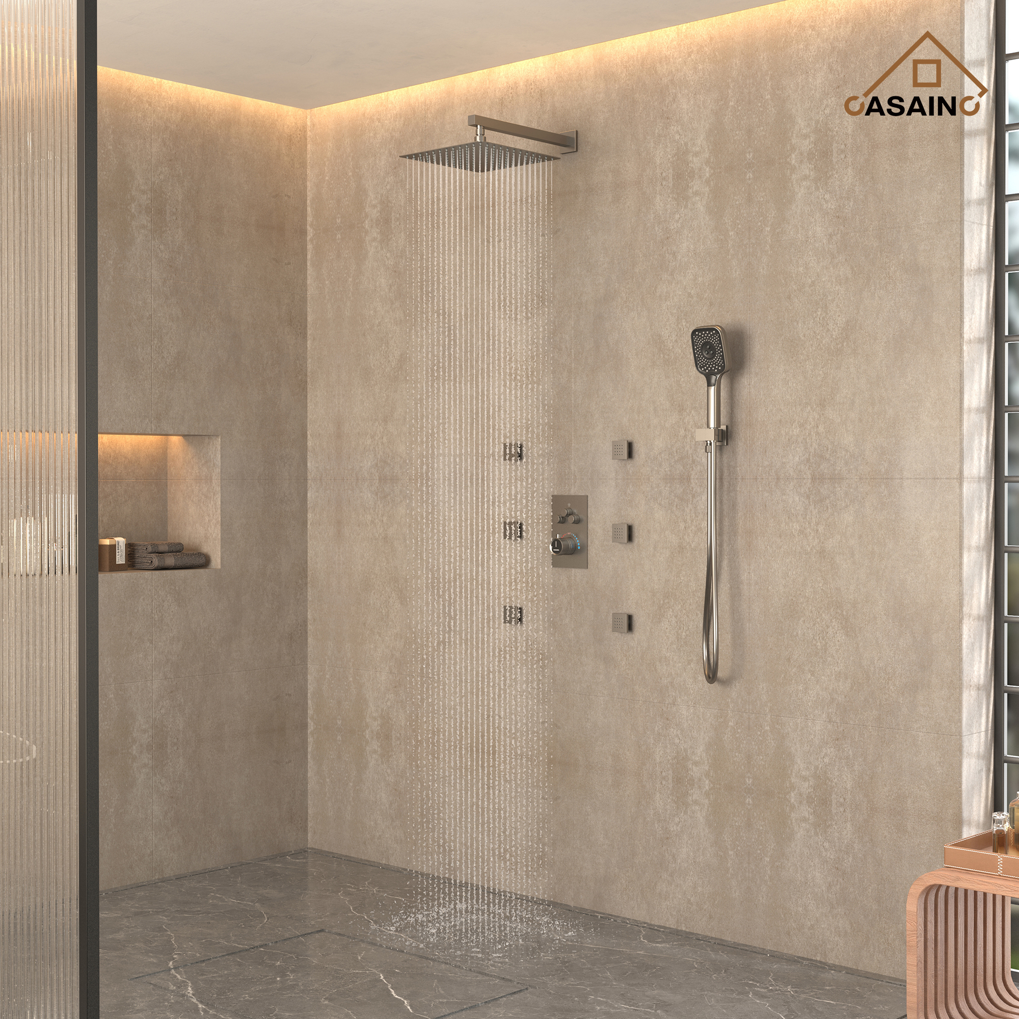 12" Wall-Mount Rainfall Shower System with Thermostatic Control & 6 Body Jets