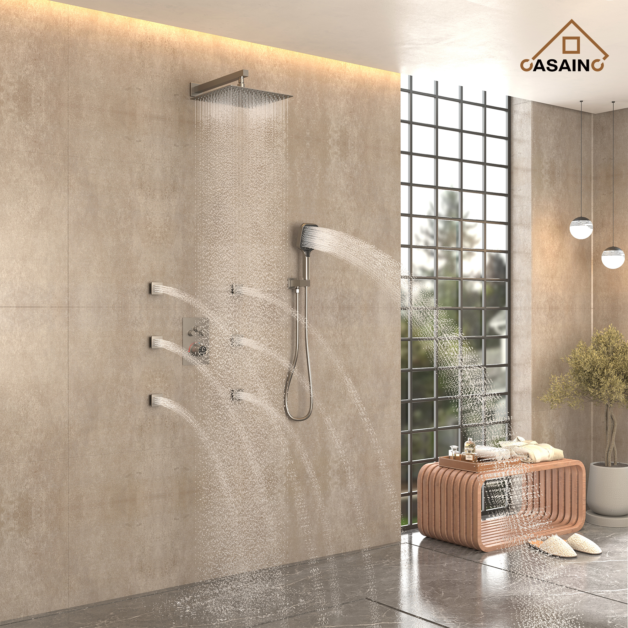 12" Wall-Mount Rainfall Shower System with Thermostatic Control & 6 Body Jets