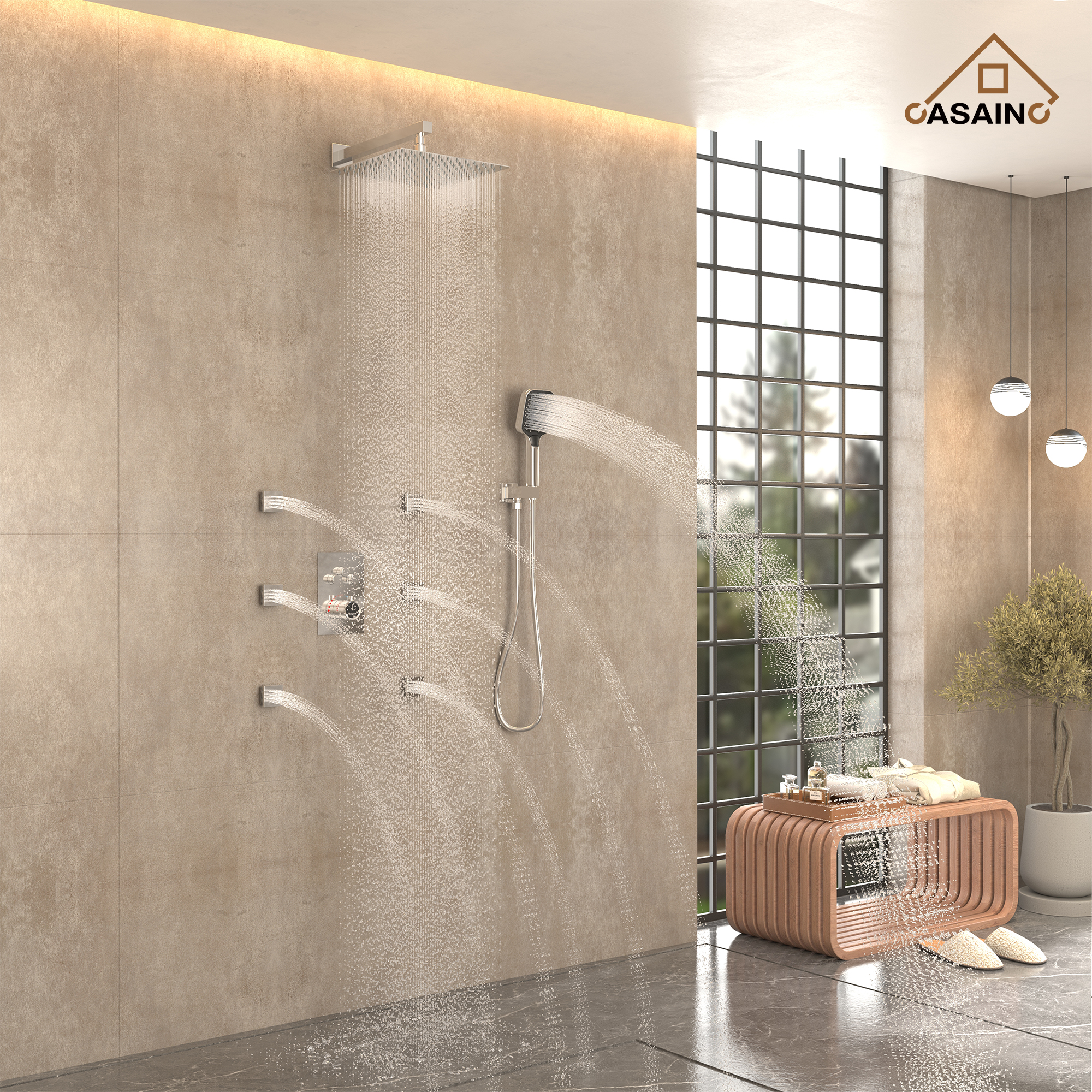 12" Wall-Mount Rainfall Shower System with Thermostatic Control & 6 Body Jets