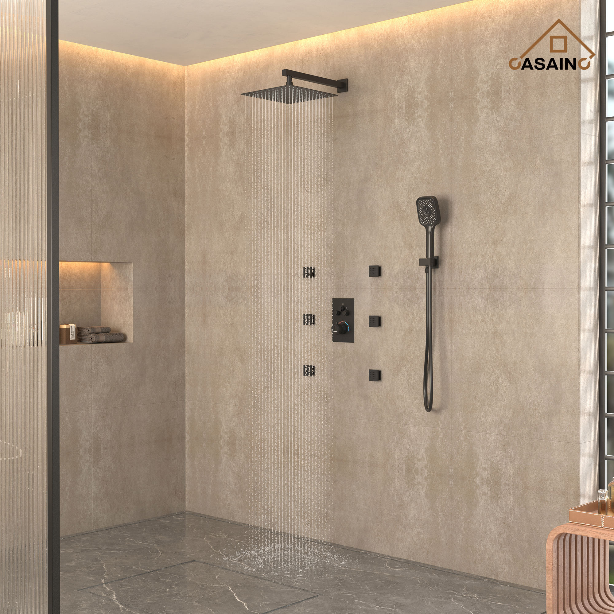 12" Wall-Mount Rainfall Shower System with Thermostatic Control & 6 Body Jets